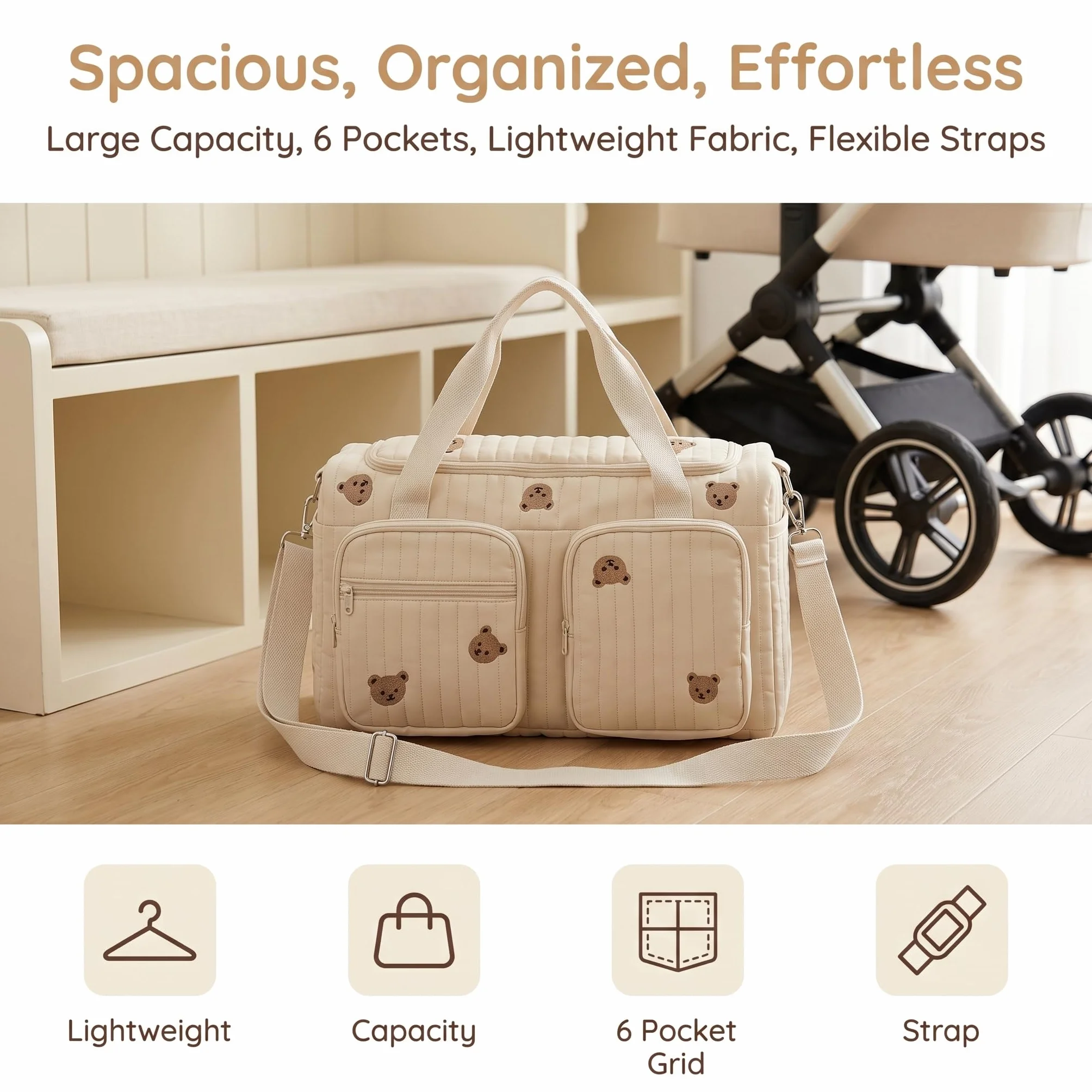 Borsa Fasciatoio in Cotone, Borsa Parto Ospedale Mamma Multifunzionale con Tracolla Rimovibile, Borsa Passeggino Universale Grande per Viaggio