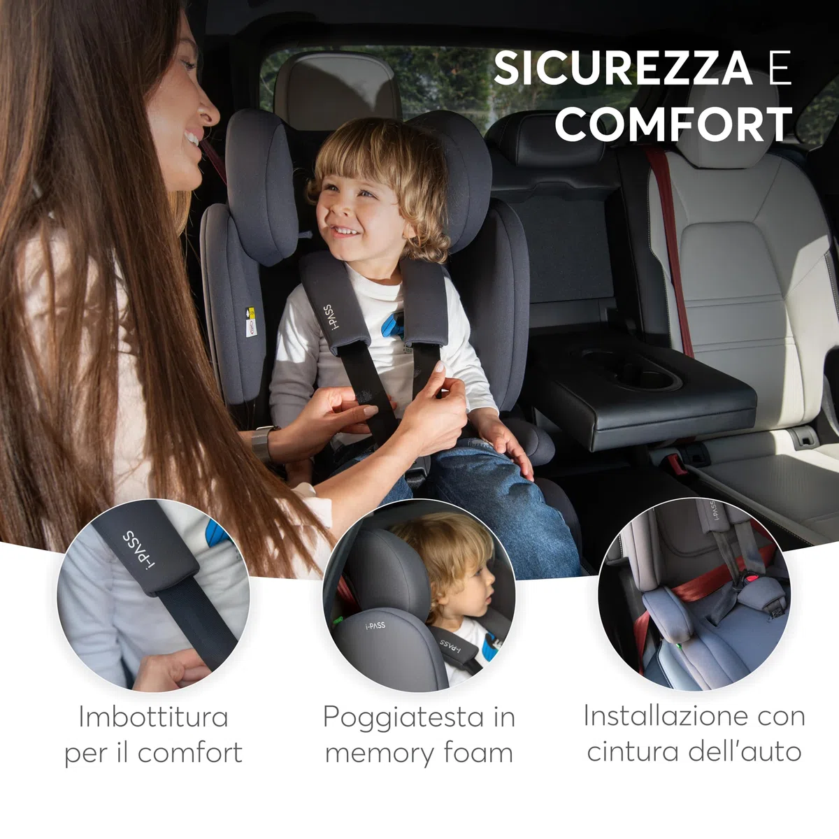 KikkaBoo Seggiolino Auto 9-36 kg i-PASS, Gruppo 1/2/3, Da 15 Mesi a 12 Anni, i-Size 76-150 cm, Poggiatesta Regolabile 13 Posizioni, Grigio