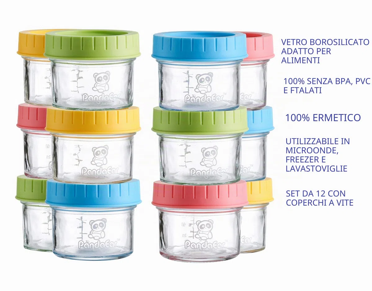 PandaEar (confezione da 12 barattoli di vetro per alimenti per bambini | Conservazione del congelatore per piccoli contenitori riutilizzabili da 4 once con coperchi ermetici a prova di perdite
