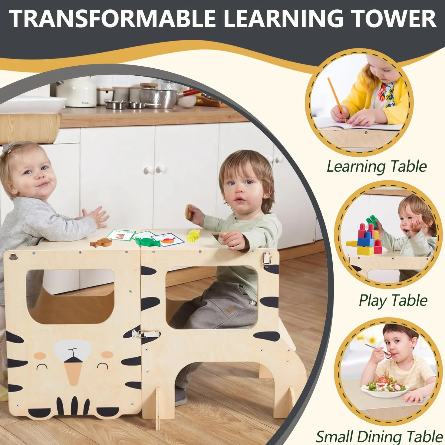 Labebe Torre Montessoriana Pieghevole in Legno 3 in 1 per Bambini con Lavagna