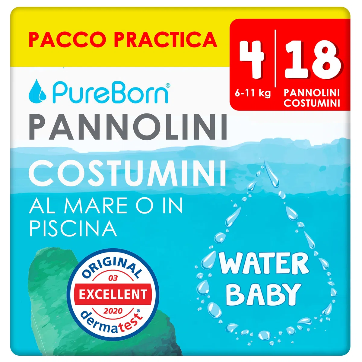 PureBorn 18 Pannolini Costumini Taglia 4 (6-11kg), Ideali per Mare e Piscina, Impermeabili, Comodi e Pratici, Anti-Fuoriuscita