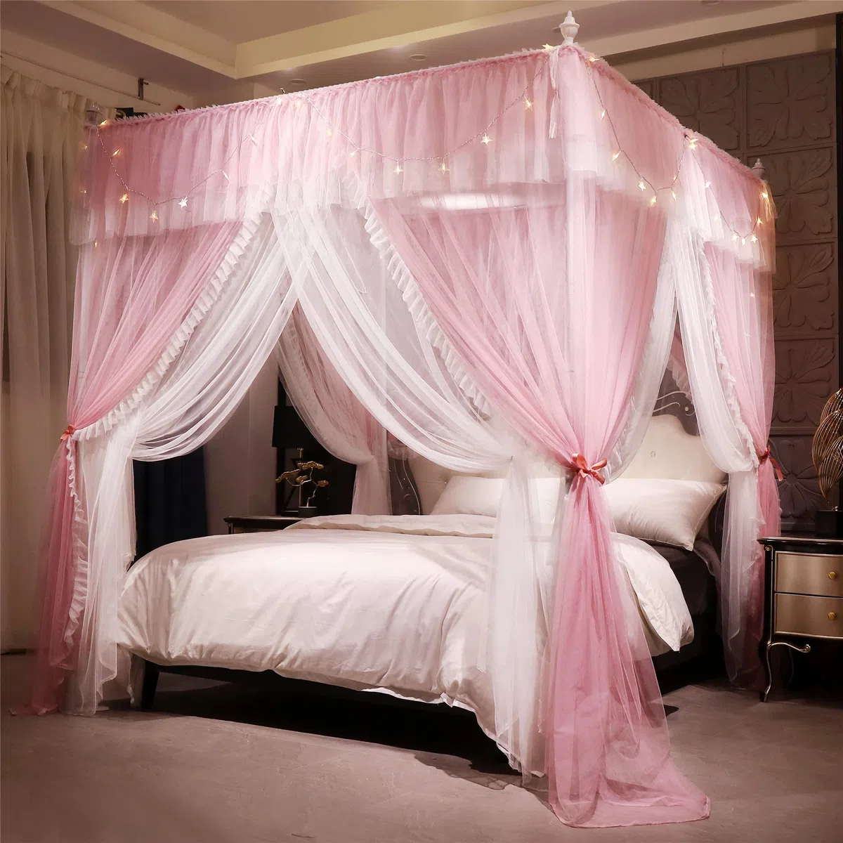 Baldacchino Principessa con Volants Cielo Letto Quadrato con 4 Aperture Zanzariera Doppio Strato per Camera Ragazza Decorazione Romantica Morbido e Traspirante(rosa/bianco,1,5Wx2Lx2,1H(m))