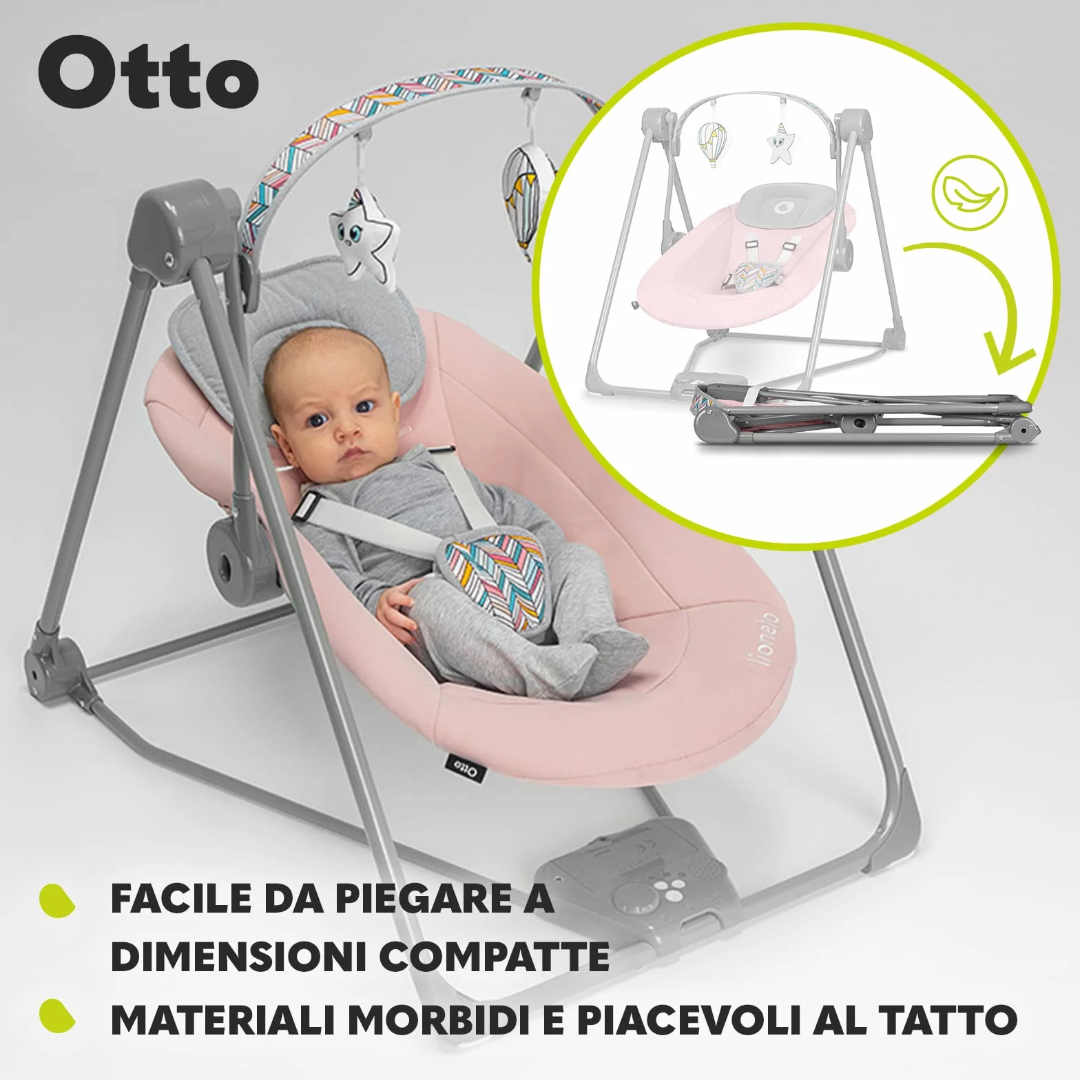 lionelo Otto Dondolo per Neonato e Bambini fino a 9kg Sdraietta con Giocattoli 5 Velocità Suoni Rilassanti Della Natura Altalena Portatile e Pieghevole Cinture a 5-punti Cavo di USB, Grigio