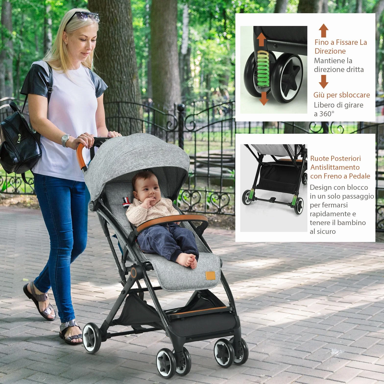 Costway Passeggino Leggero per Bambini 0-3 Anni fino 15 kg, Schienale e Poggiapiedi Regolabili, Cappottina e Zanzariera, Compatto Pieghevole Grigio