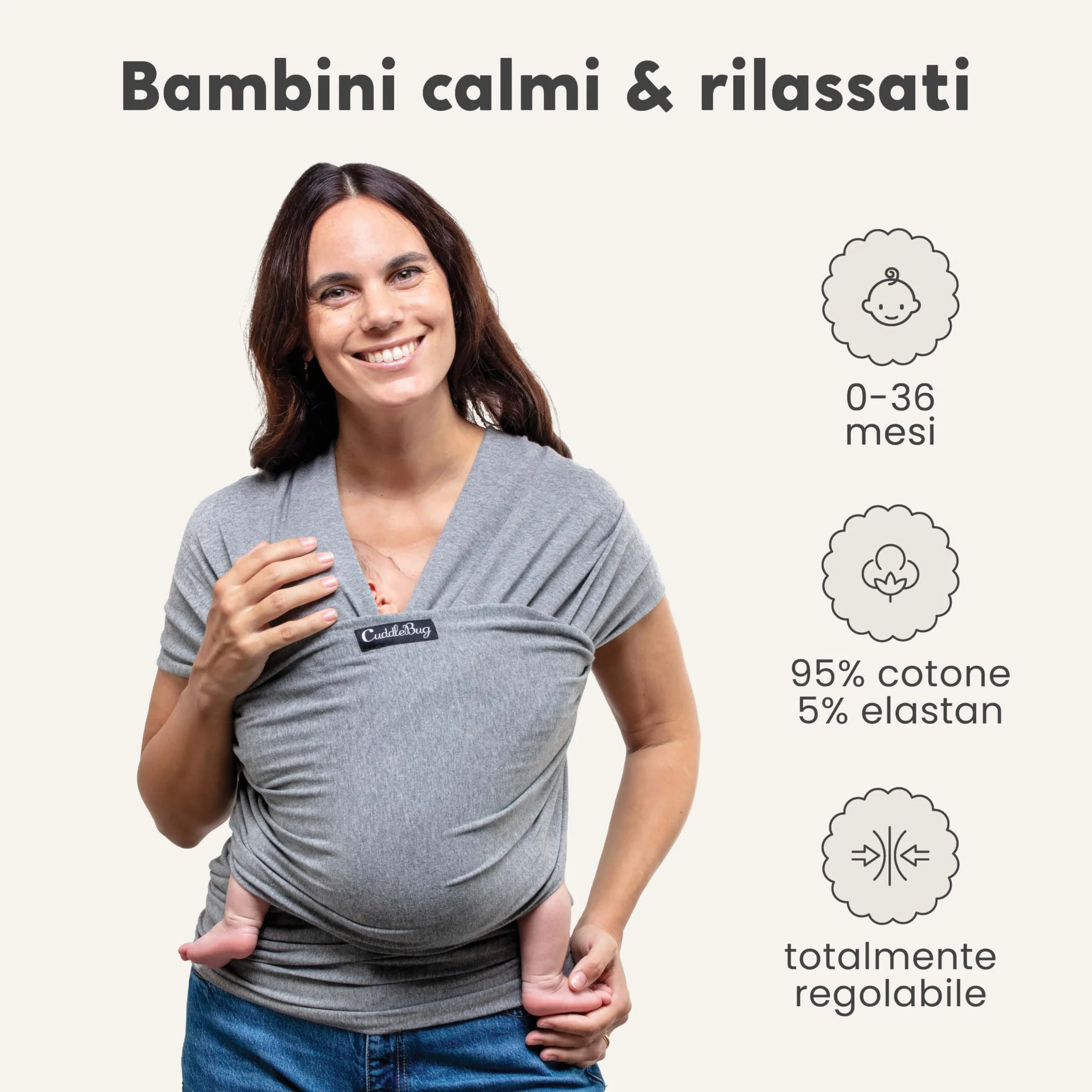 CuddleBug Fascia Porta Bebé Neonato e Bimbi fino a 16 Kg – Fascia Neonato per Trasporto a Mani Libere – Marsupio Bambino a Fascia – Ideale come Regalo Nascita e Baby Shower (Grigio/Grey)