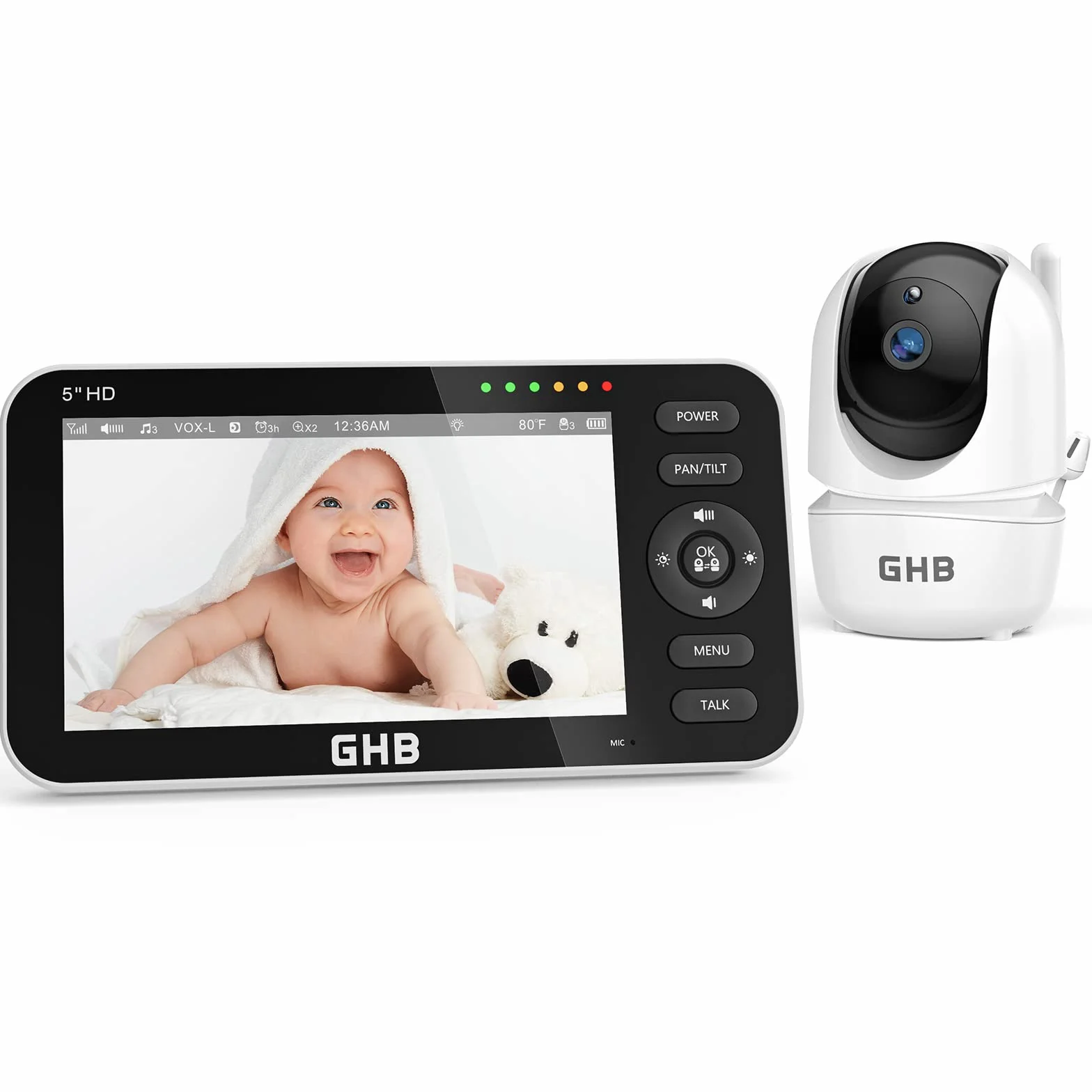 GHB Baby Monitor Video e Audio Videocamera Schermo 5'' 350°/110° Comunicazione Bidirezionale VOX Visione Notturna Monitoraggio Temperatura