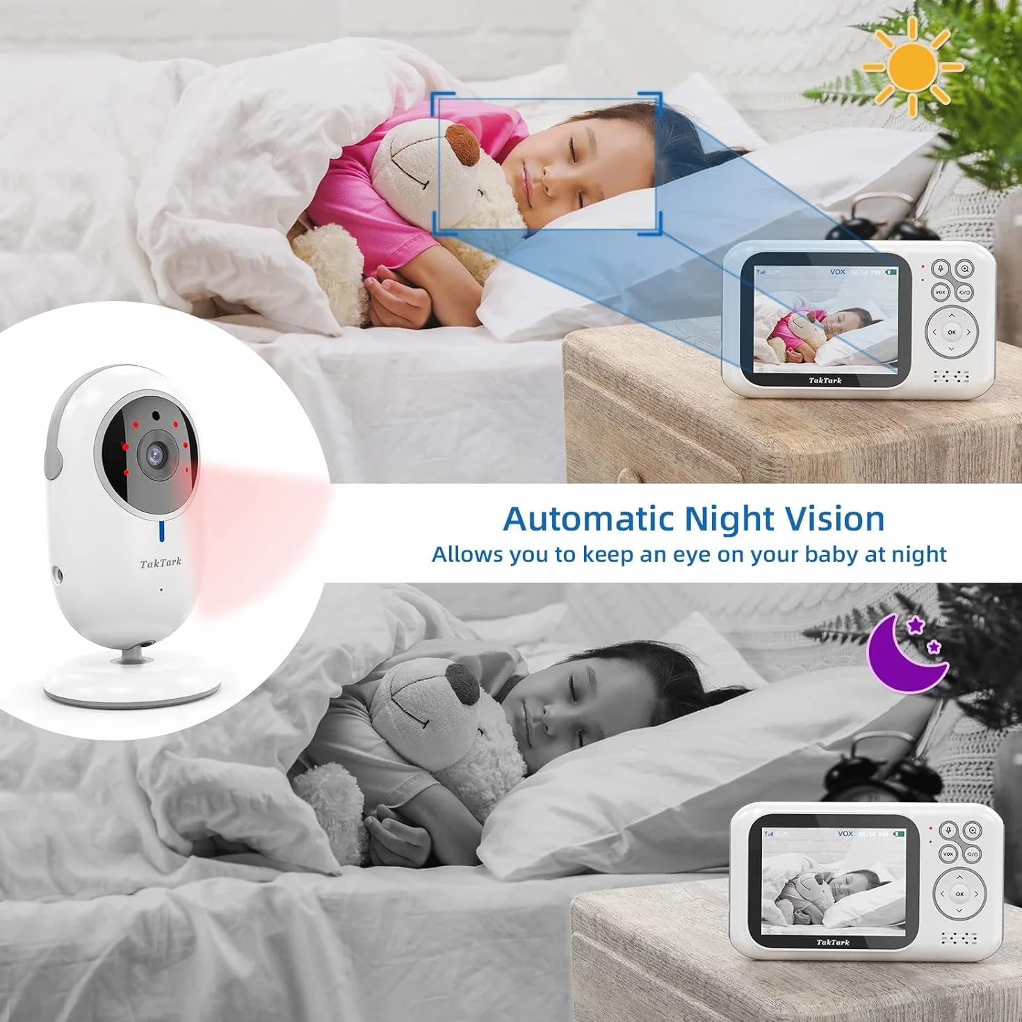 TakTark Baby Monitor Video e Audio, 3.2'' IPS 750mAh Telecamera Bambini con Monitor Video Baby Monitor Videocamera VOX, Visione notturna, Comunicazione Bidirezionale Sensore di temperatura