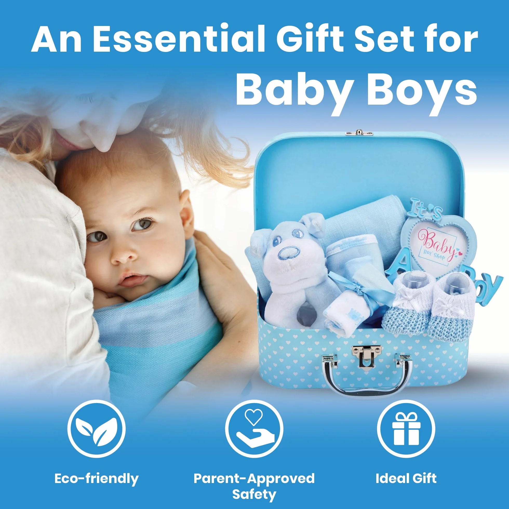 Baby Box Shop Cofanetto nascita per bambino con regali per bambini, con sonaglio per bambini, cornice portafoto in chiffon, bavaglino paio di calzini e guanti