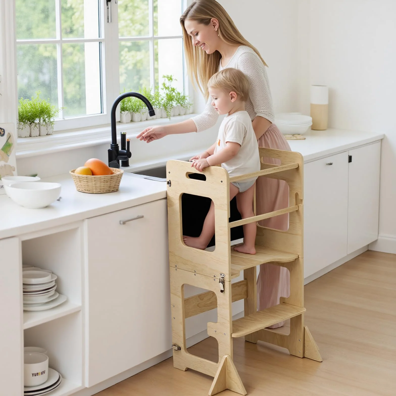Labebe 4 in 1 Pieghevole Torre di Apprendimento Montessori per Bambini con Lavagna Nera Legno Anti-Ribaltamento 18 Mesi