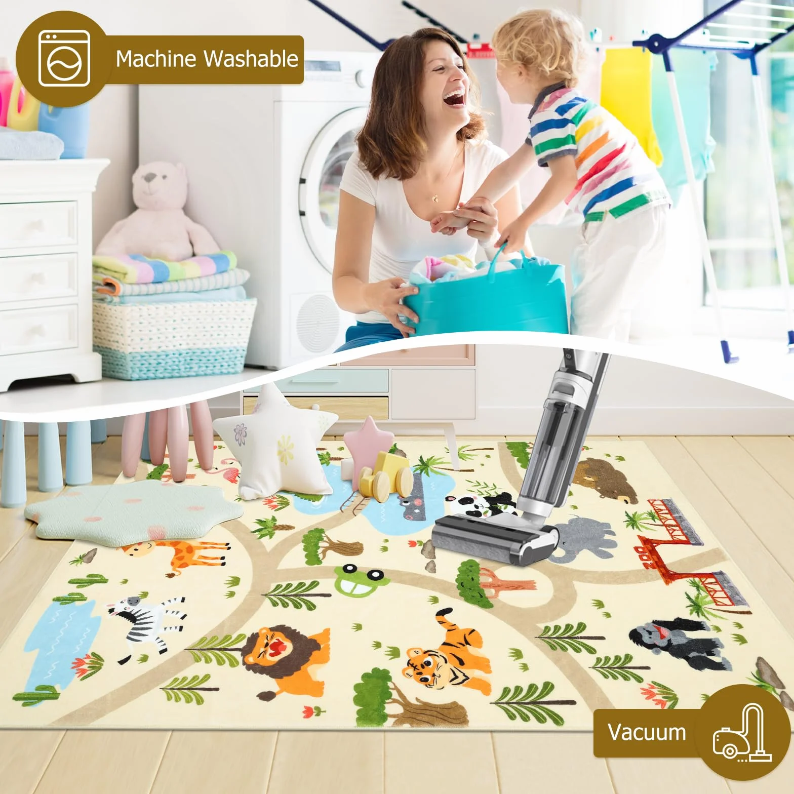 Enyhom Tappeto Bambini Morbido, 100 x 150 cm Antiscivolo Tappeto Cameretta Bambino Lavabile Tappeto per Bambini Auto Motivo Animali Tappeti Bambini per Stanza dei Giochi, Camera Bebe, Stanza Bambini