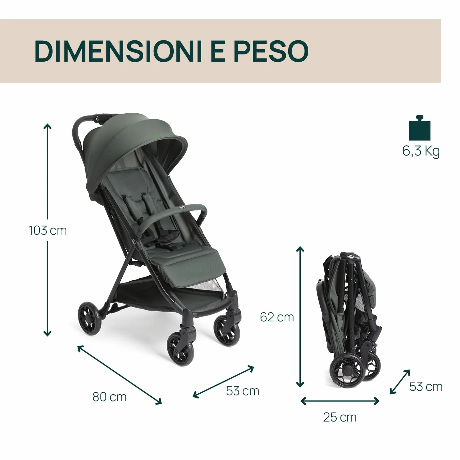 Chicco Urbino Passeggino Leggero 0+ Mesi-22 Kg Chiusura Smart Compatta Capotte UV50+ Antipioggia Schienale Reclinabile Regolabile Poggiagambe Verde