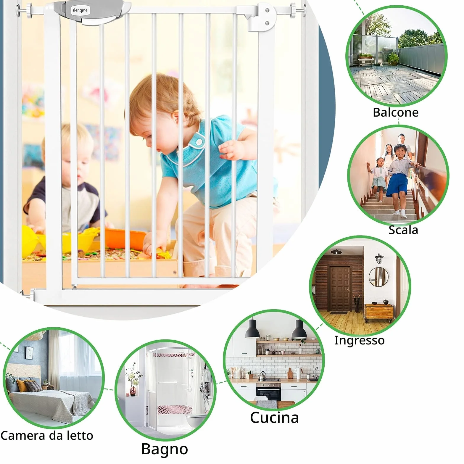 Cancelletto di protezione per porte in metallo, largo 105-115 cm, chiusura automatica, bianco