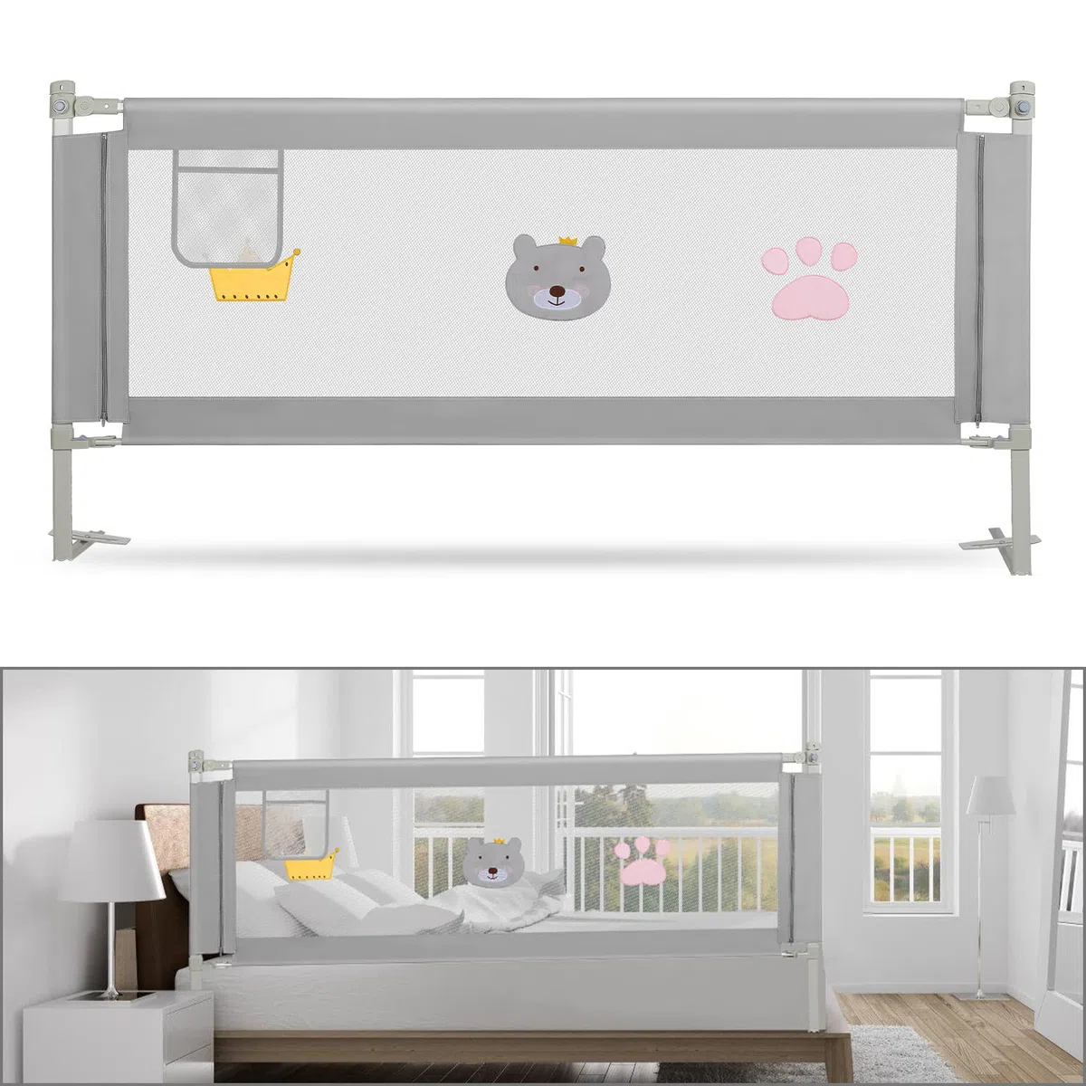 Barriera per letto 180 cm, Barriera pieghevole per letto per bambini, Protezione per letto per bambini per prevenire le cadute, Barriera per bambini piccoli, Facile da montare, Grigio ricamato
