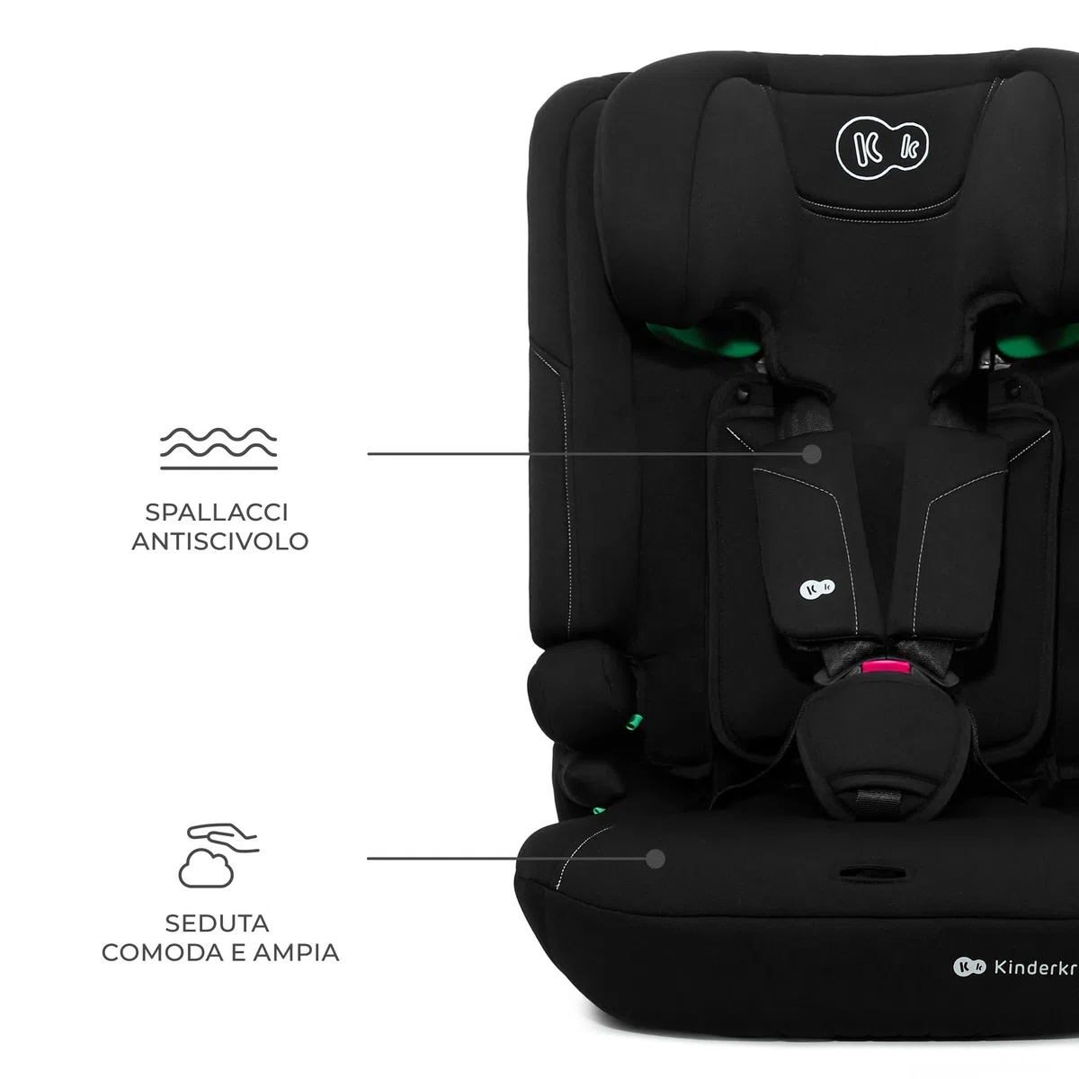 Kinderkraft I-COMFY, Seggiolino auto, Per bambini, Regolabile (76-150 cm), Schienale regolabile, Cintura di sicurezza a 5 punti, EASY GROW SYSTEM, Facile installazione, Nero