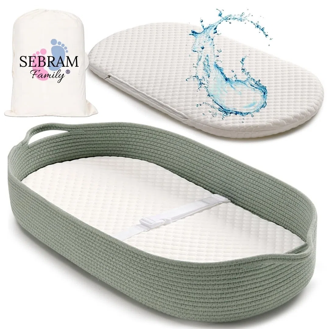 Cesta Fasciatoio per Neonati – Cestino Portatile con Materasso Impermeabile – Fasciatoio da Tavolo o da Viaggio – Moses Cestino per Comò – Design Verde Decorazione Stanza Bambino (Verde)