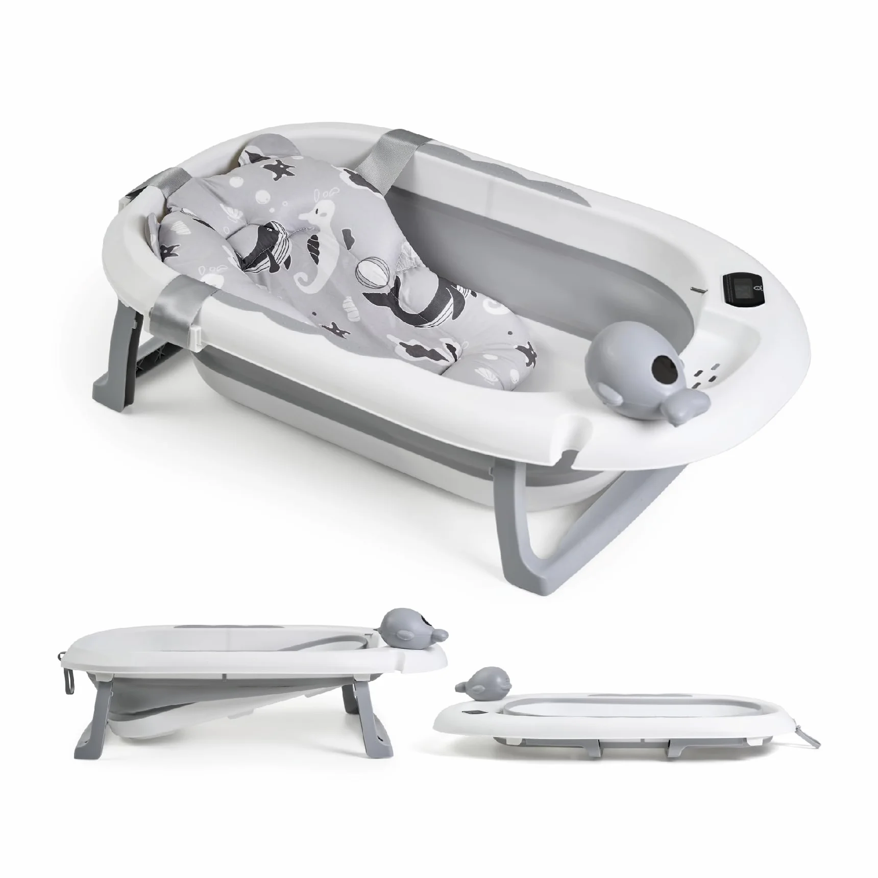 Buddy Baby - Vasca pieghevole BebéSplash con temperatura - Da 0 mesi - Cuscino riduttore rimovibile - Base antiscivolo - Tappo di scarico - Design compatto e portatile - Annaffiatoio balena