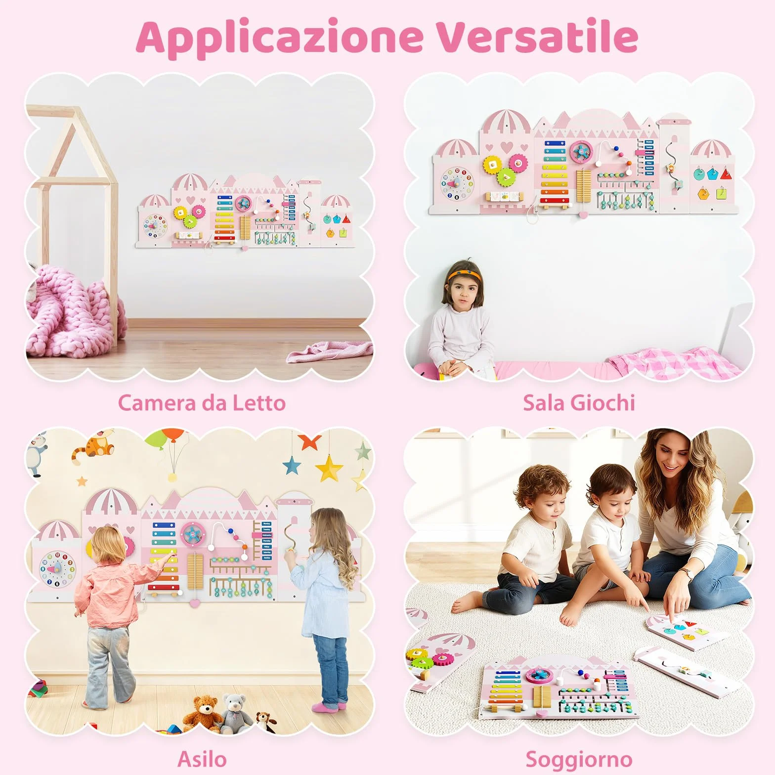 COSTWAY Pannelli da Parete con attività, Busy Board 11 in 1 Montessori in Legno per Sviluppo Sensoriale, Centro di attività Educativo Montato a Parete per Stanza Giochi, Asilo Nido (Castello)