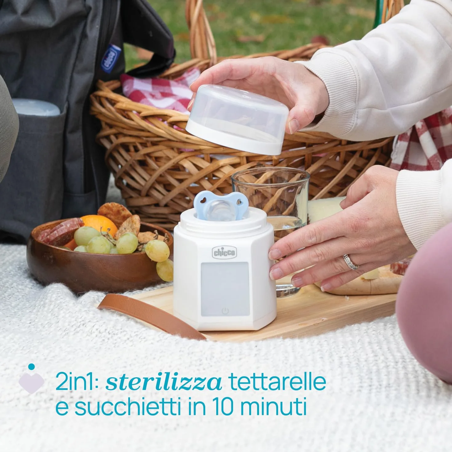 Chicco Scaldabiberon Portatile Multifunzione con Sterilizzatore, Autosterilizzante, Riscaldamento Rapido Latte e Sterilizzazione Ciucci, Batteria USB-C, 7 Adattatori Inclusi, Chicco e Altri,Senza Fili