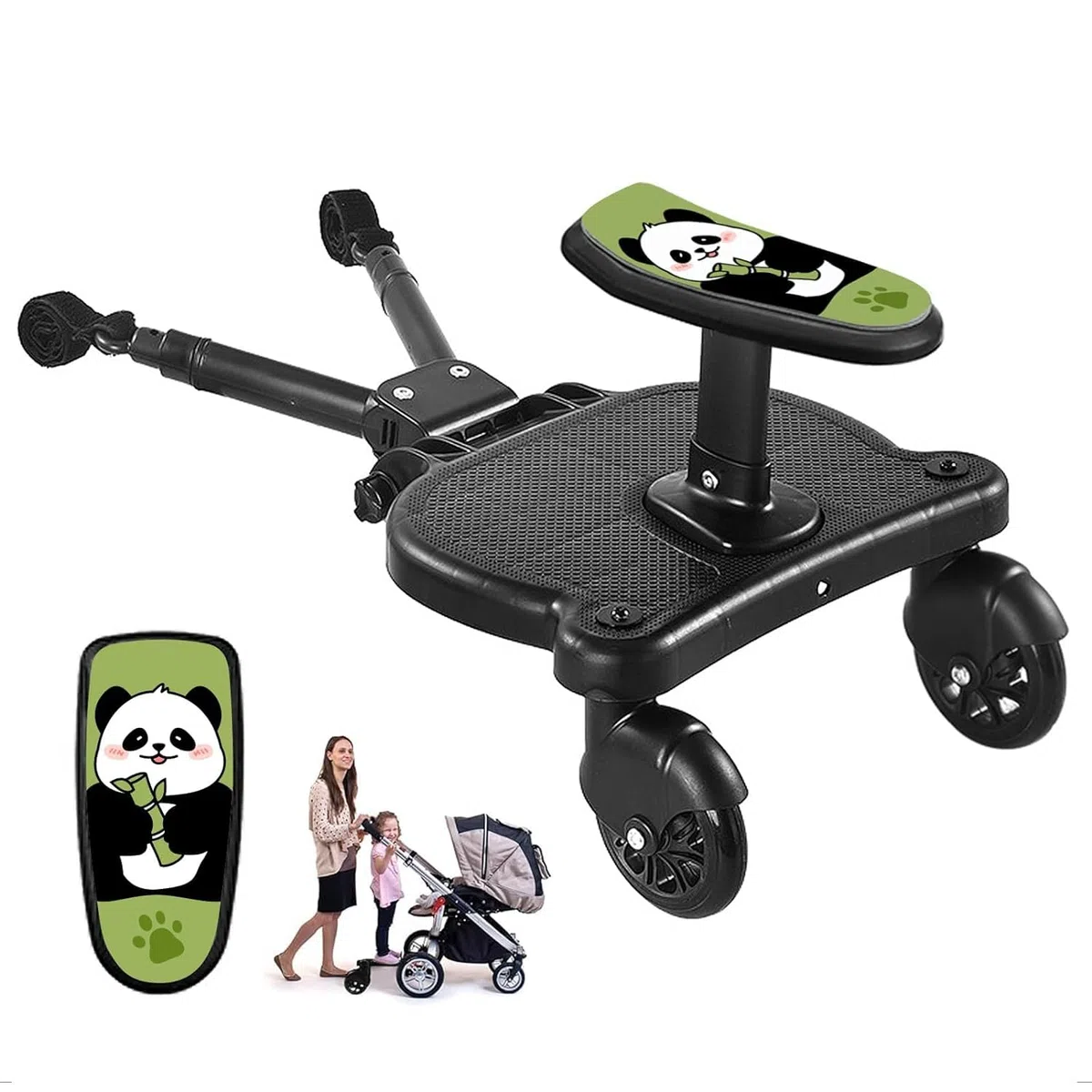 Pedana Passeggino Universale con Sellino,Tavolette Portatili per Passeggini Adatto al 99% dei passeggini, Design a Due Ruote a 360°, Sopportare un peso di 25 kg (Ruote nere)