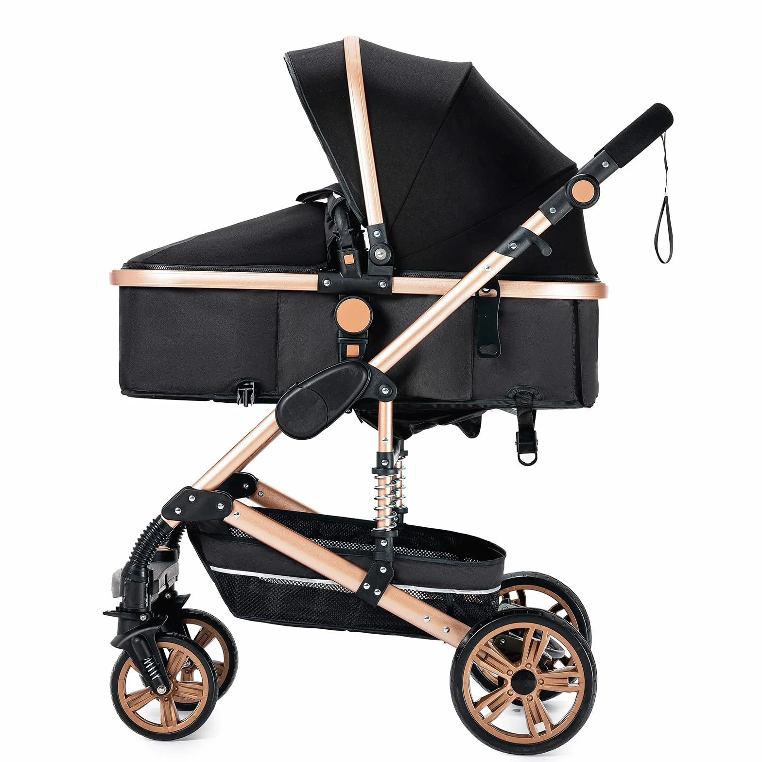 Passeggino 3 in 1 Triciclo Girello Passeggino Alto Paesaggio Pieghevole Carrozzina Bambini 0-36 Mesi Nero Oro