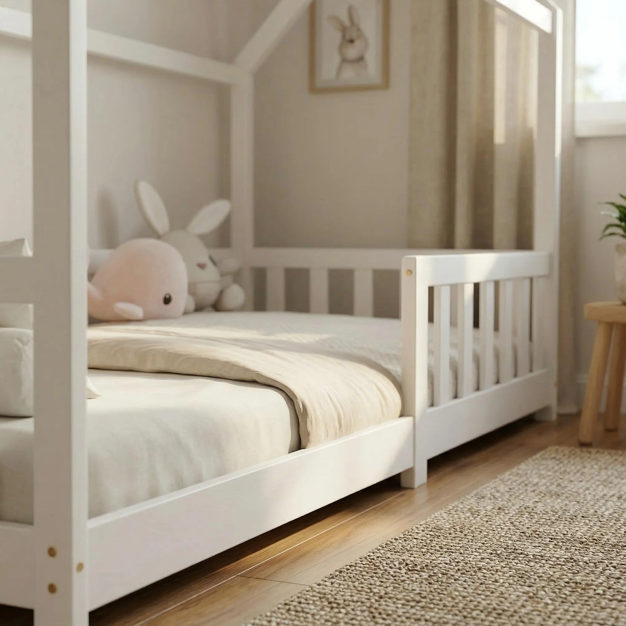 ecomi® Lettino per bambini 90x200 80x160 cm con protezione cadute e rete a doghe Bianco