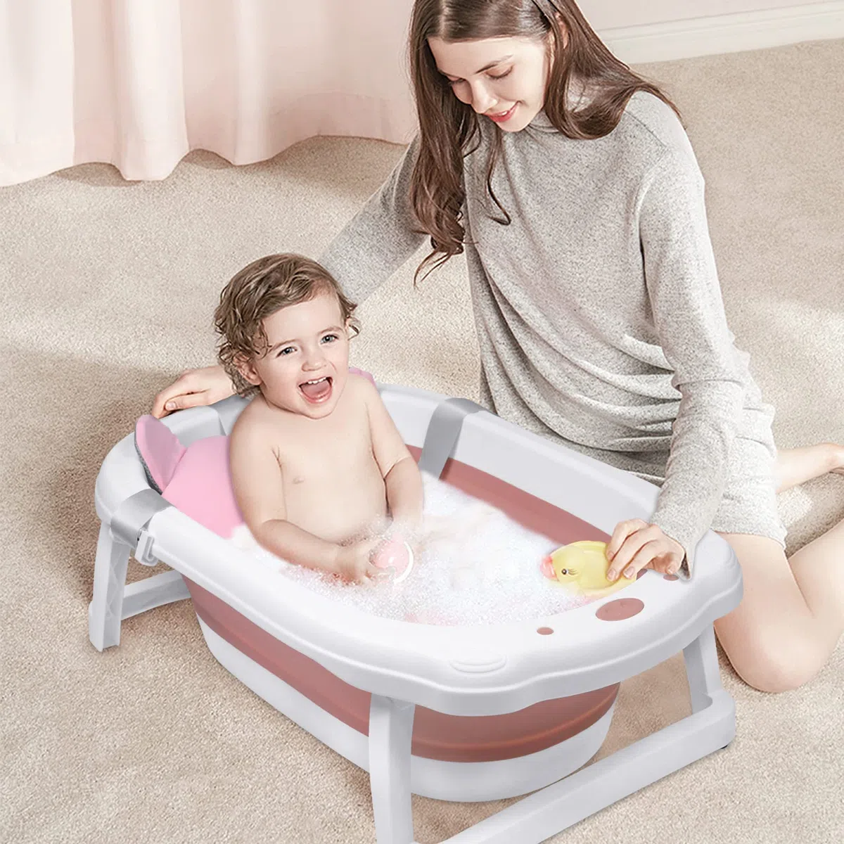 Froadp 82x50x20cm Vasca da Bagno Pieghevole per Bambini, Vaschette Bagnetto Neonato Antiscivolo con Suporto, Bacino Doccia di Sicurezza Portatile per Neonati e Bambino 0-8 anni (Rosa con Cuscino)