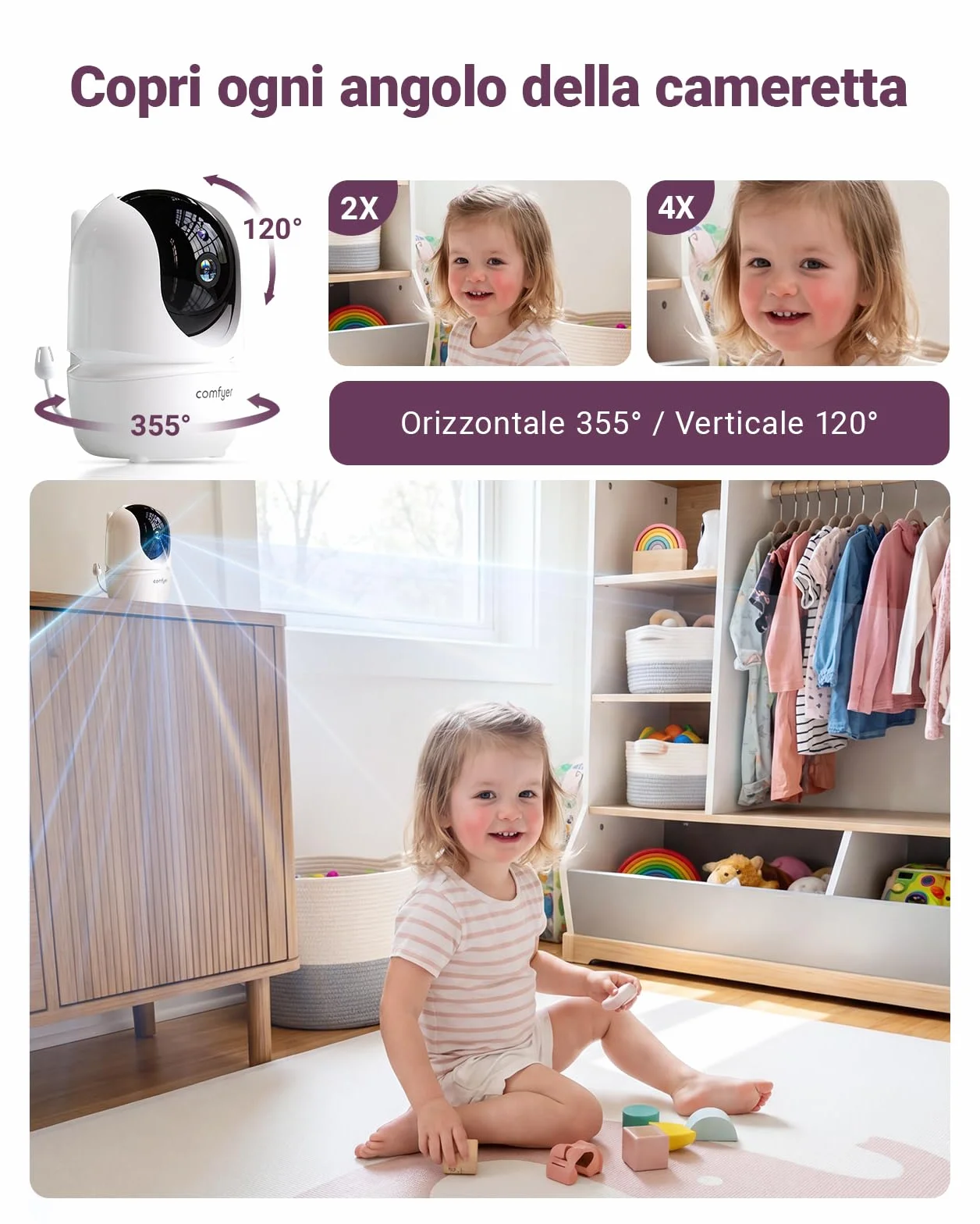 Comfyer BM01 Baby Monitor Video e Audio con 2x Telecamera, Schermo IPS 7" 720P, 4x Zoom, 6000mAh, Monitoraggio Temp, VOX, Audio Bidirezionale, Visione Notturna