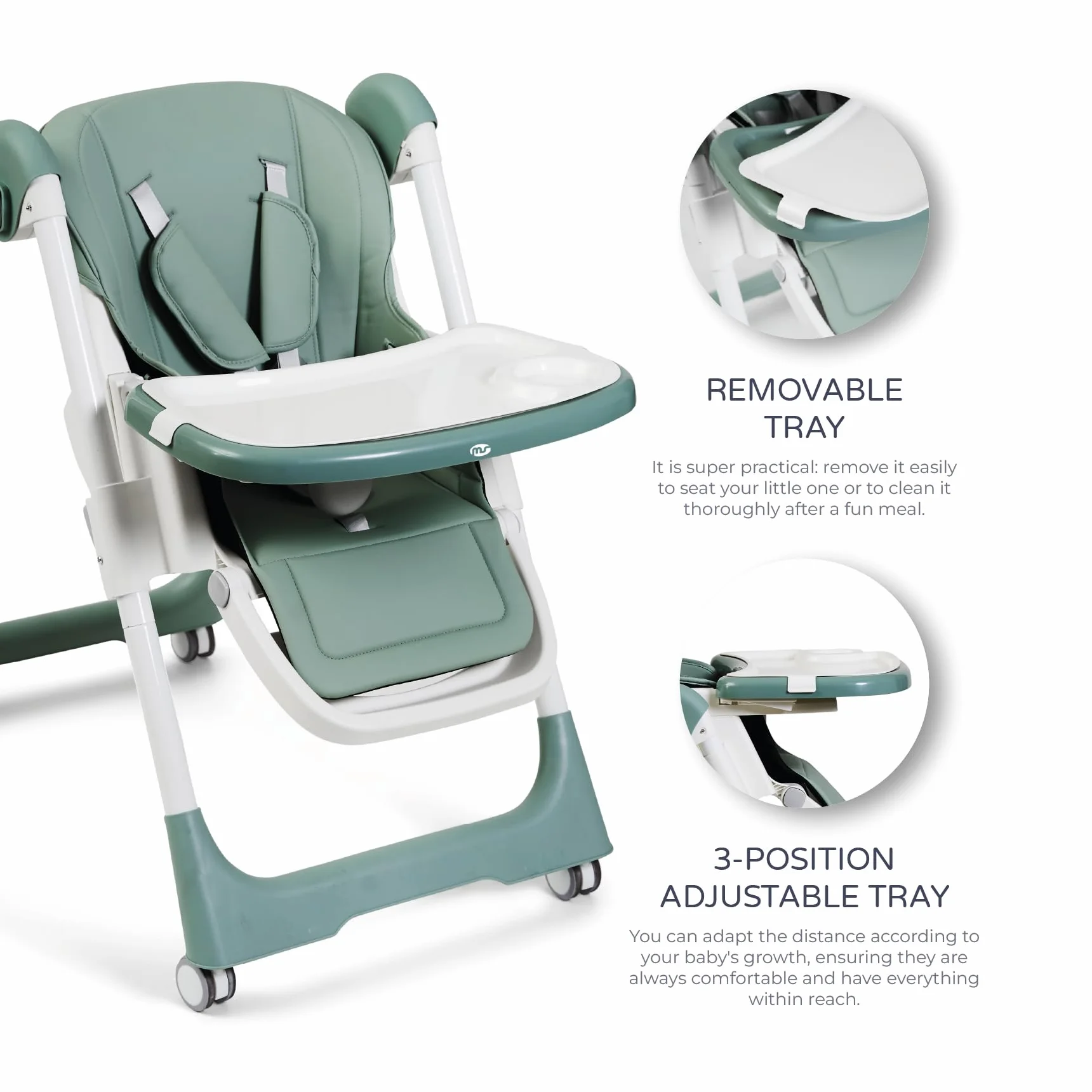 MS BabyWorld Seggiolone Pappa Evolutivo Tasty 7 Posizioni Altezza 3 Reclinazione Vassoio Estraibile Poggiapiedi Regolabile Pieghevole