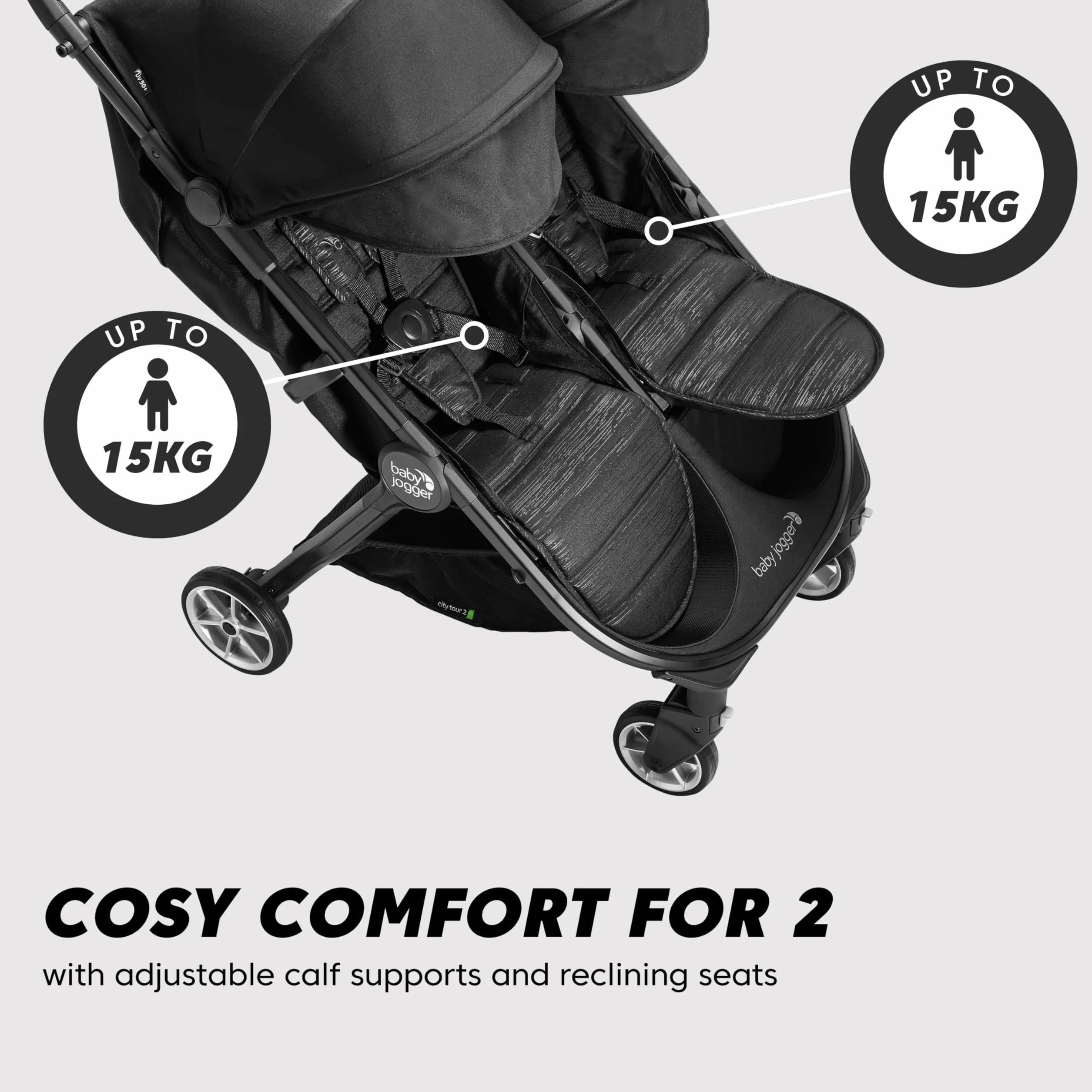 Baby Jogger City Tour 2 Passeggino da viaggio doppio, leggero, pieghevole, portatile, Nero
