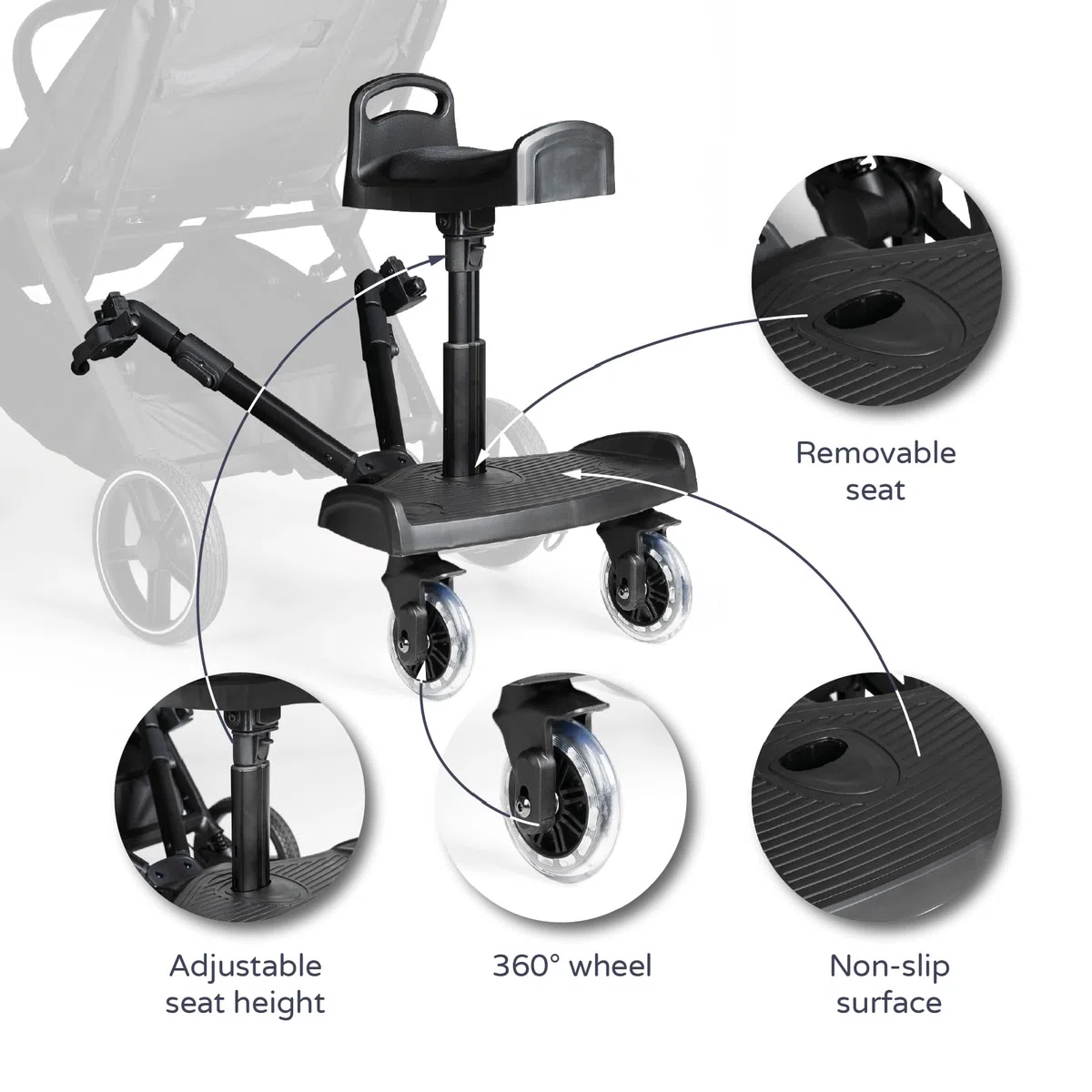 MS BabyWorld – Pedana + Sedile Universale – Pedana con seduta imbottita | Altezza regolabile | Base antiscivolo | Cinghia di trasporto | Fino a 25 kg