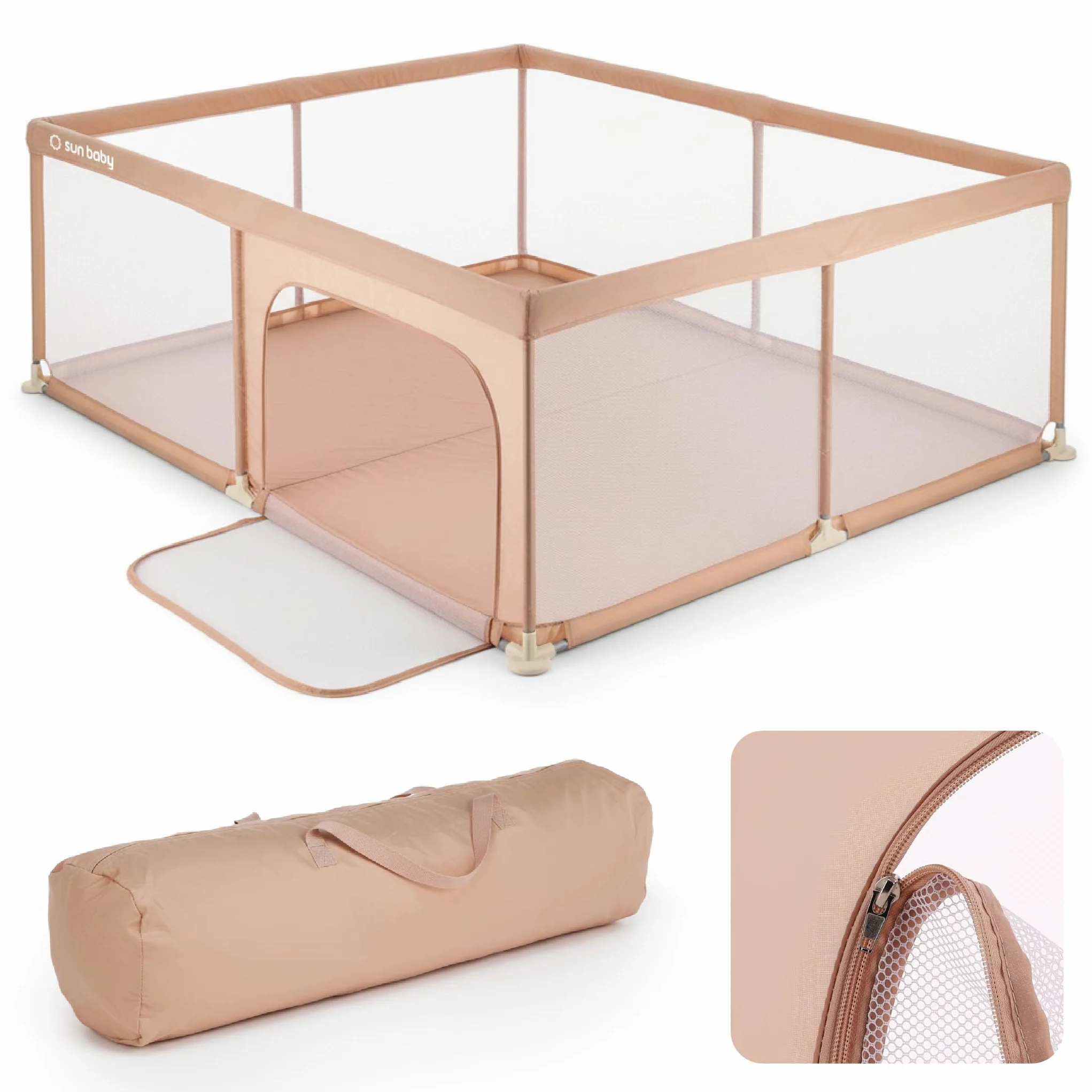 Sun Baby Box Bambini 150x200 cm 0-2 anni Salmone Poliestere Pareti in Rete Cerniera Piedini Antiscivolo Borsa Inclusa Struttura Metallo