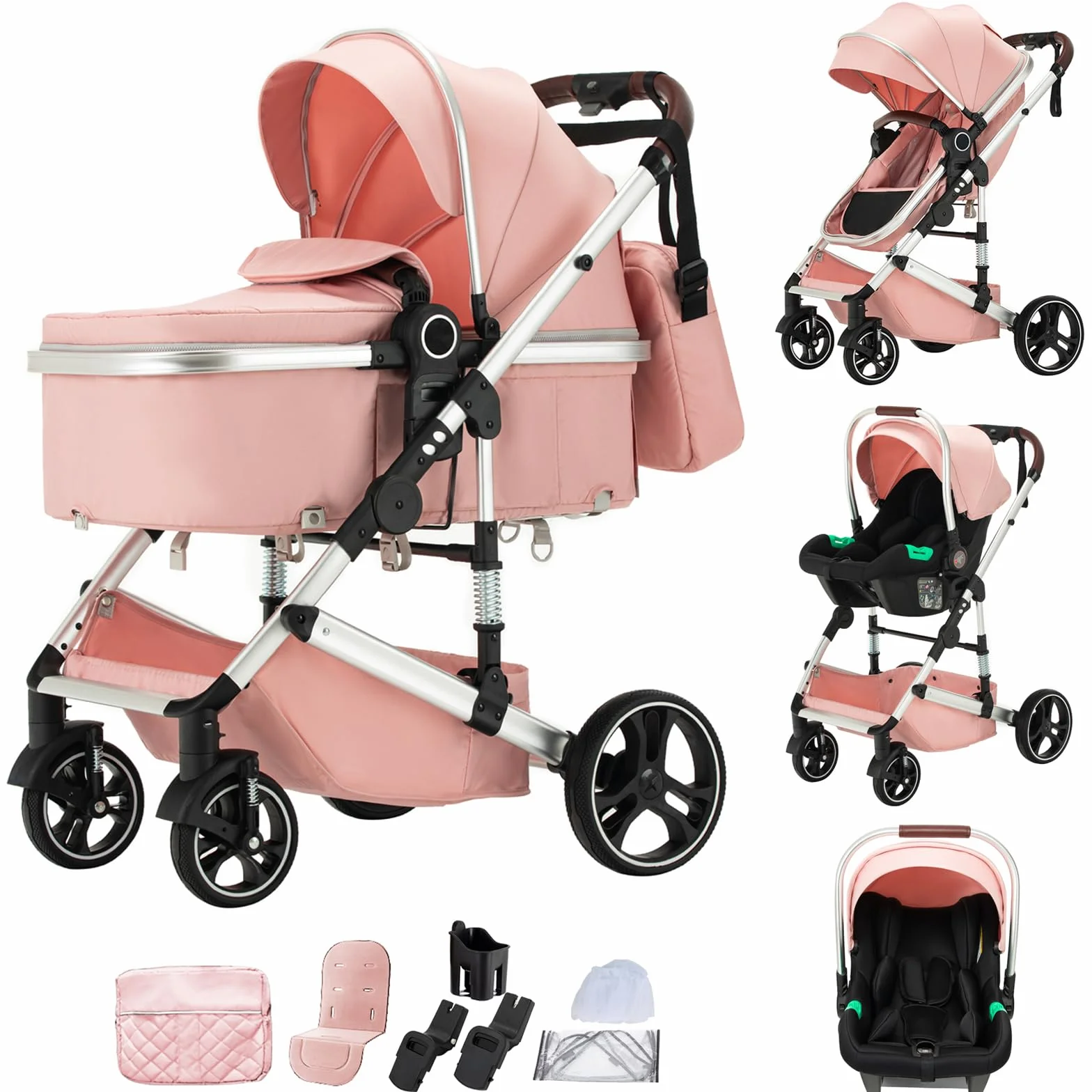 Passeggino 3 in 1 Grandi Ruote Pneumatici in Gomma Carrozzina Ovetto Schienale Regolabile Reclinabile (H9/PINK)