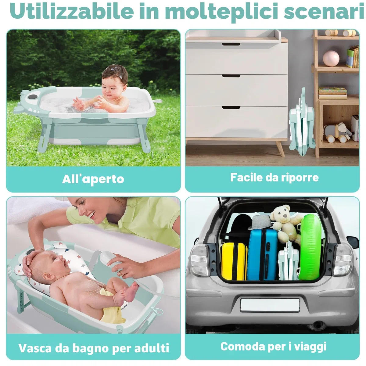 Vaschetta Bagnetto Neonato Pieghevole, Vaschetta Bagnetto Neonato con Termometro E Cuscino Staccabile, Riduttore Vaschette Bagnetto 0-36 Mesi (Verde)