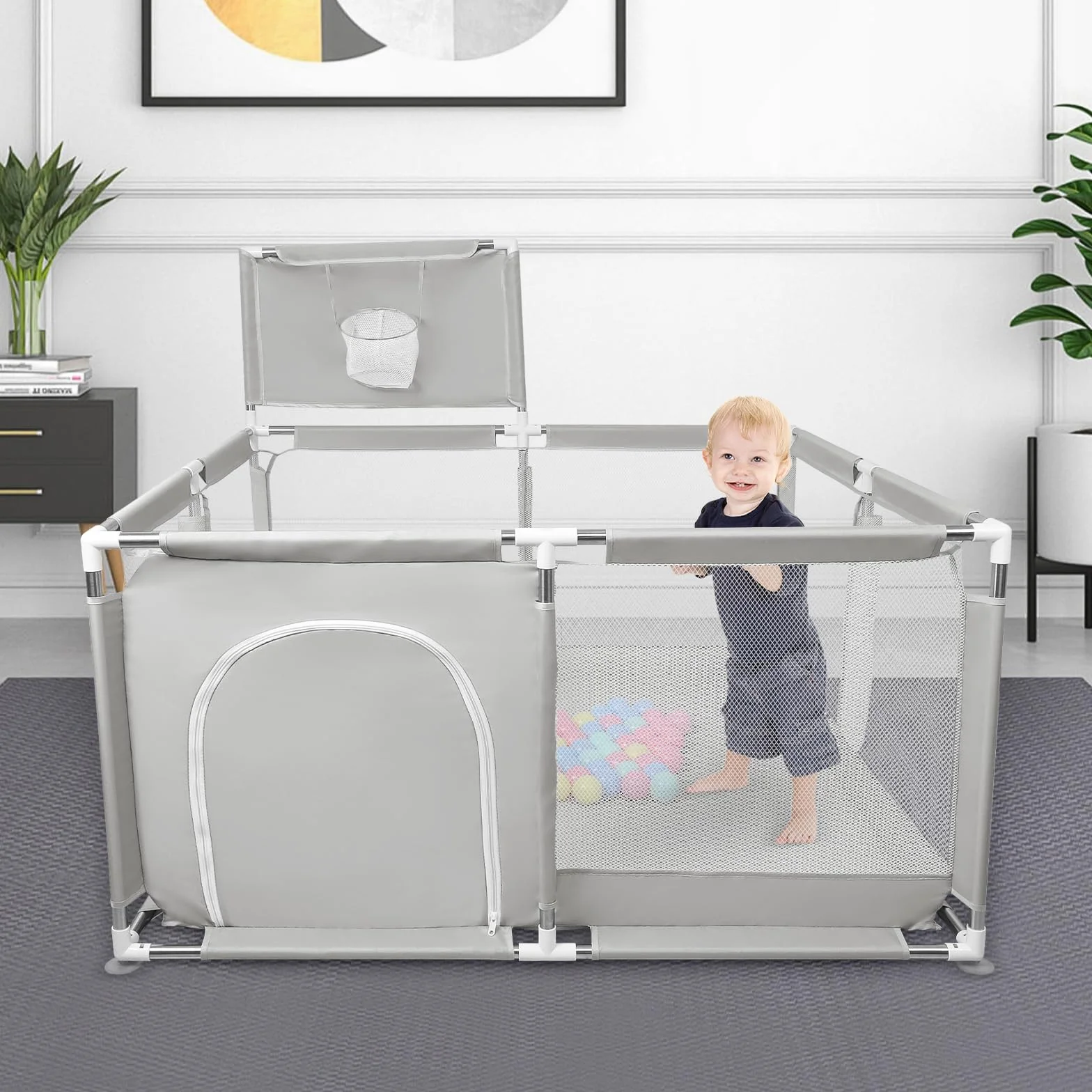 Box con porta a cerniera per bambini con ventose 126 x 126 x 66 cm grigio chiaro 50 palline