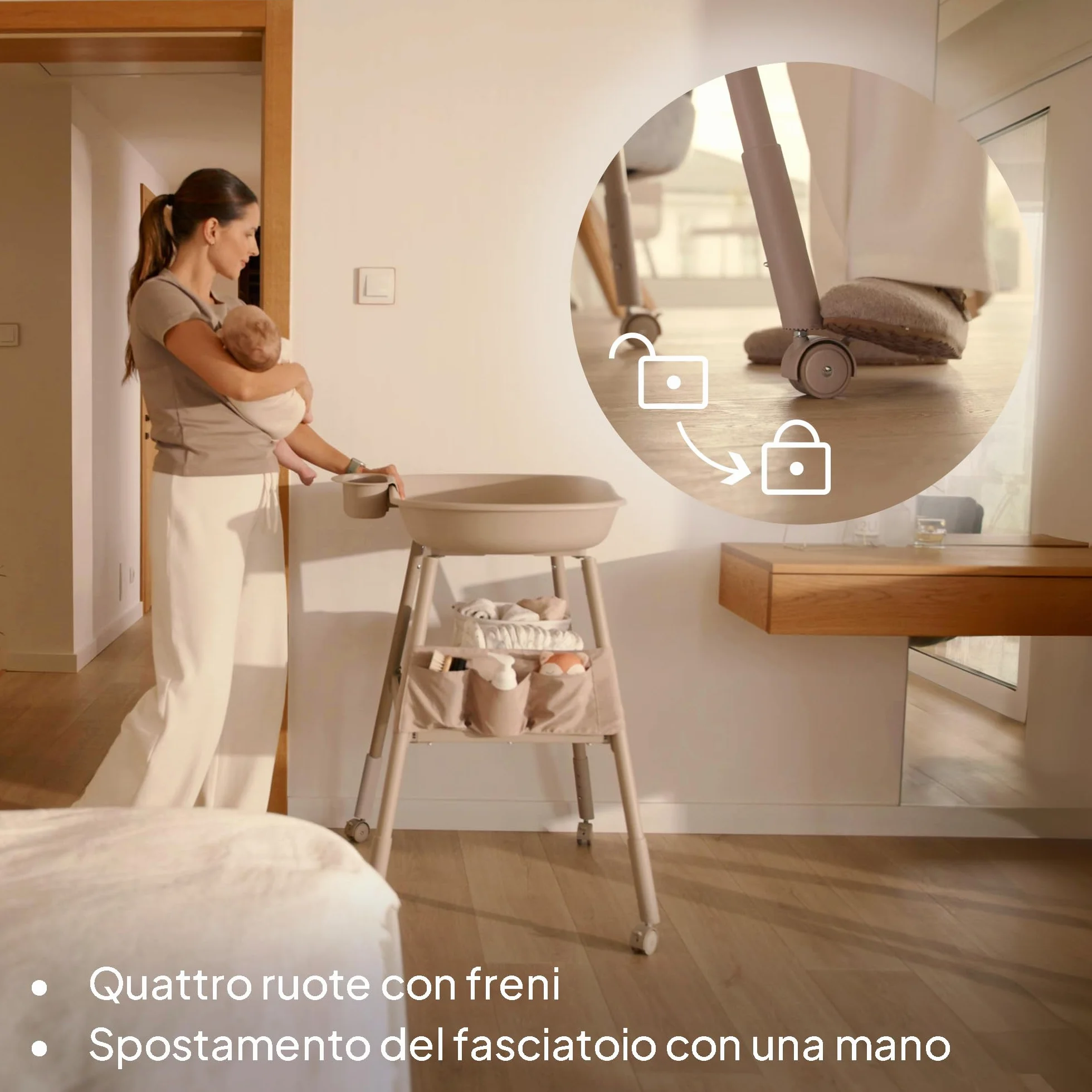 Lionelo Rosie Fasciatoio per neonato Portatile con Ruote e Freno Altezza Regolabile Materassino Impermeabile