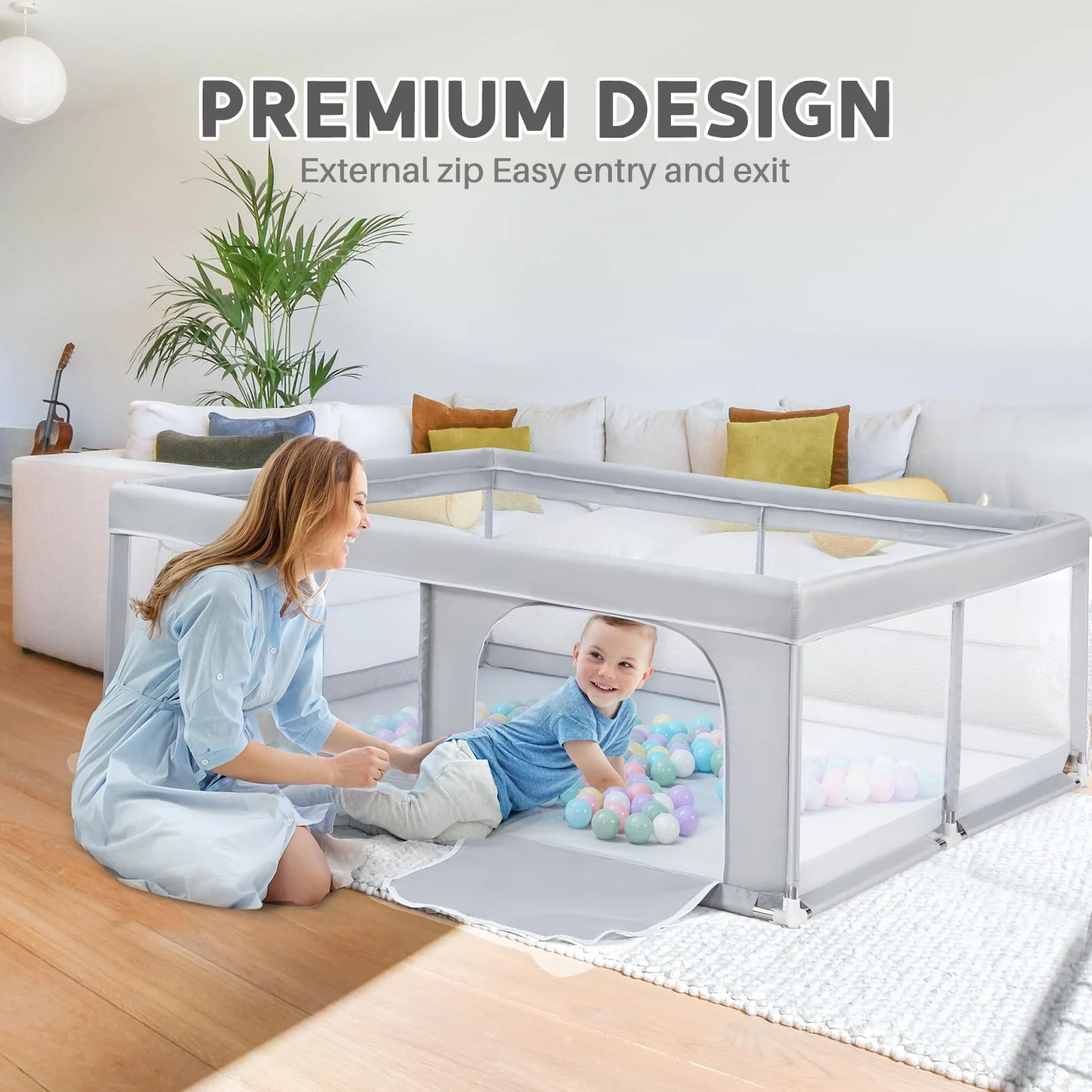 BEJOY Box per Bambini, 150 cm Compatto e Resistente, Protezione in Schiuma, Antiscivolo, Porta Rotonda con Cerniera, Rete Traspirante Trasparente Centro Attività per Neonati e Bambini Piccoli
