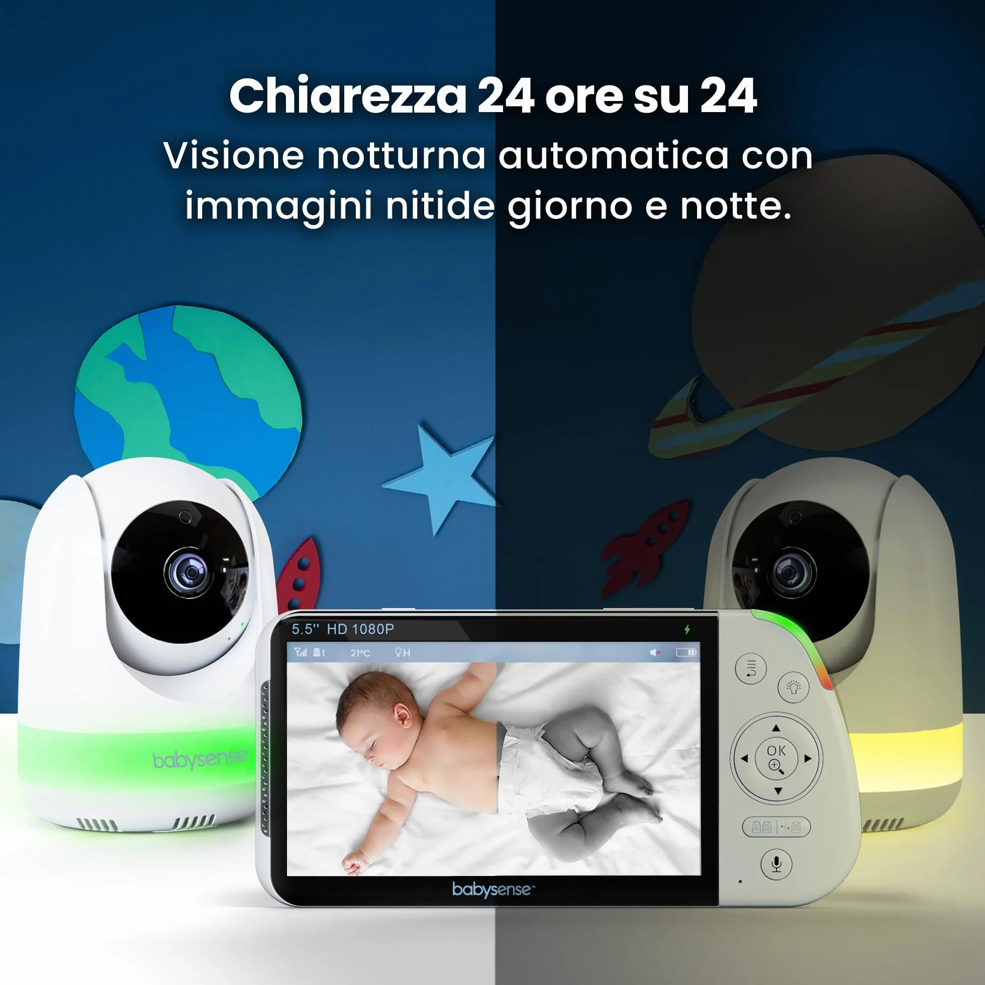 Babysense Babyphone Full HD con schermo diviso a 2 camere, luce notturna a 6 colori, rilevatore di rumori e luci, batteria da 20 ore, connessione sicura senza WLAN