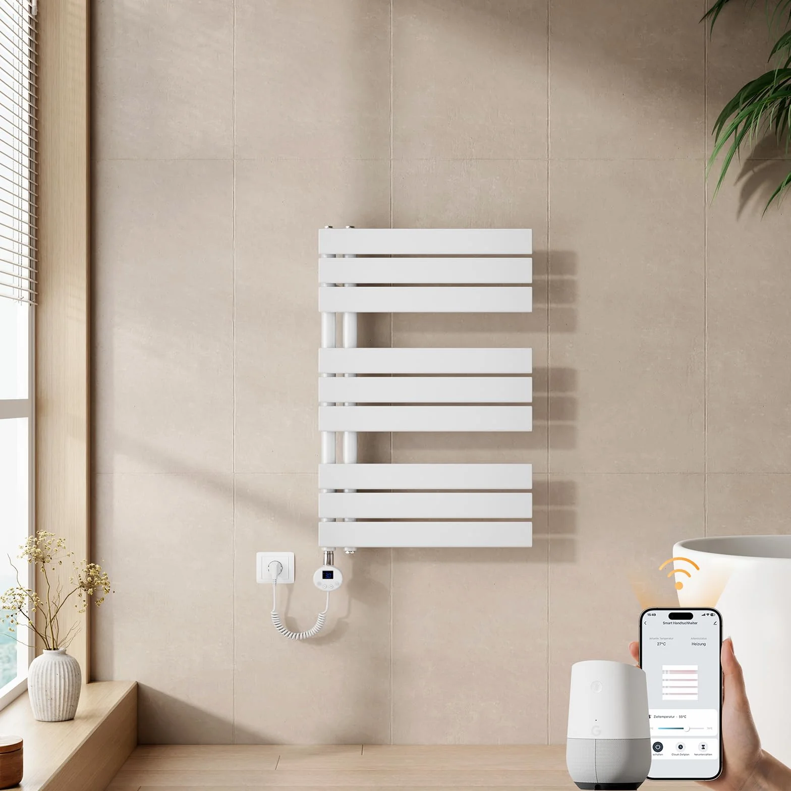 EMKE Scaldasalviette Elettrico Bagno con WIFI Termostato 76x50 cm, 400W Bianco, Scaldasalviette a Basso Consumo, Termoarredo Elettrico Wifi, Scalda Salviette da Bagno Elettrico