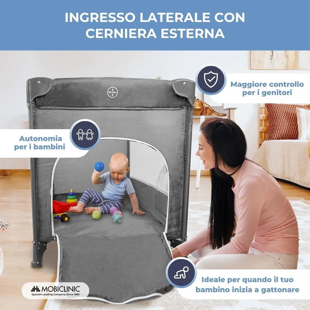 Mobiclinic®, Lettino da viaggio, Culla neonato, 2 in 1, Pieghevole ultracompatto, Materasso rimovibile, Mofli, Fino a 15 kg, Traspirante, Ingresso laterale con cerniera, Box per bambini (grigio)