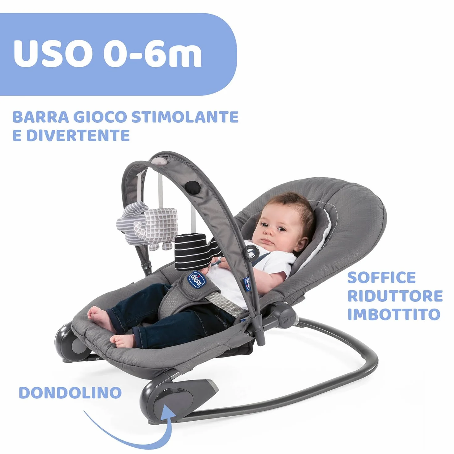 Chicco Hooplà Sdraietta Neonati e Bambini da 0 Mesi a 18 kg, Funzioni Dondolo e Poltroncina, con Barra Gioco, Schienale Regolabile e Cuscino Riduttore, Chiusura Compatta, Grigio scuro