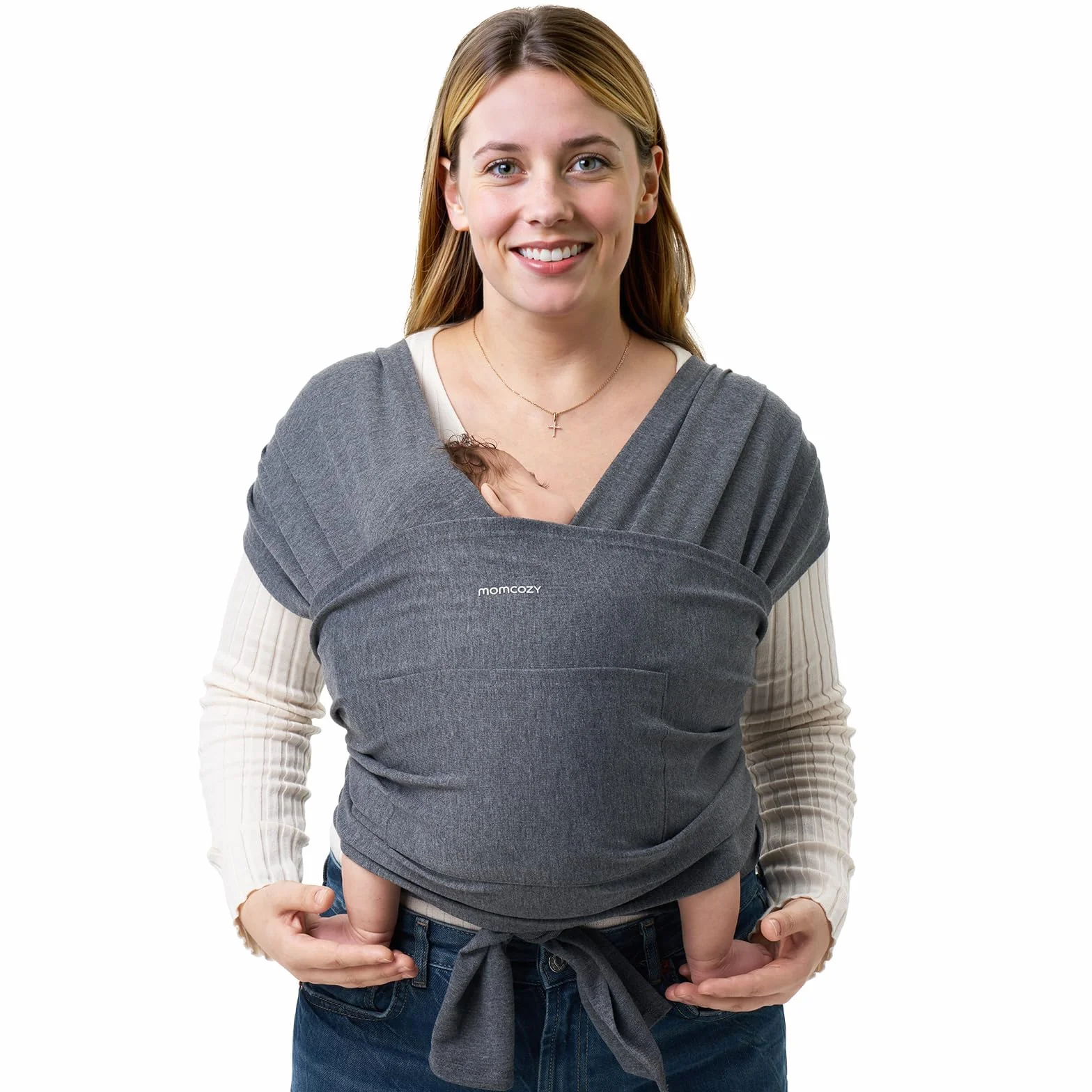 Momcozy Fascia per neonati – Anello facile da indossare – Fascia per il trasporto traspirante per mani libere – Marsupio regolabile da 3,6 kg a 15 kg (Grigio)