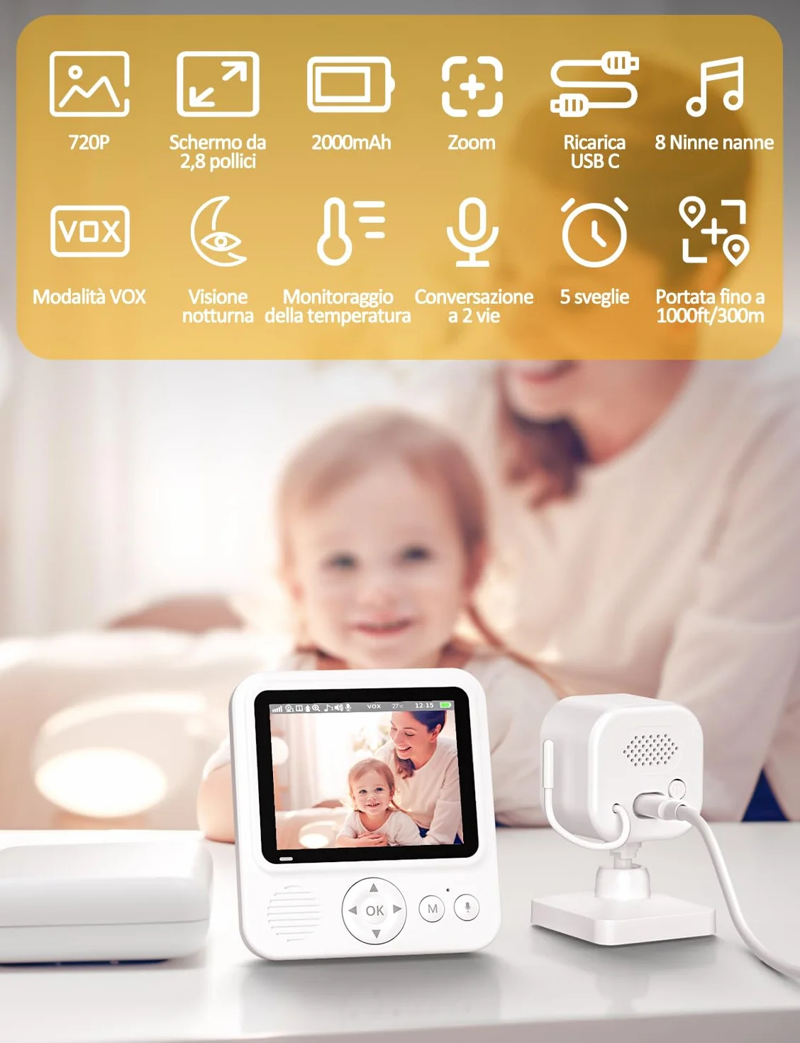 Baby Monitor Video e Audio 2,8" 720P LCD IPS 2000mAh USB-C con Zoom Digitale VOX Visione Notturna Comunicazione Bidirezionale