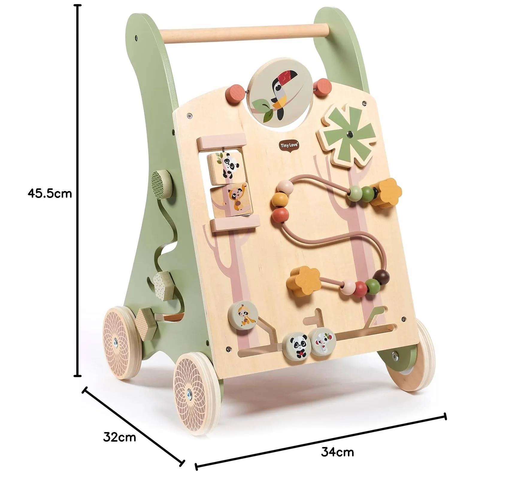 Tiny Love Walk Behind Carrello Primi Passi in Legno e Centro Attività Montessori, 12 Giochi Interattivi, Supporta Capacità Motorie e Sviluppo, Ruote Gommate Antiscivolo, 18+ Mesi, Boho Chic