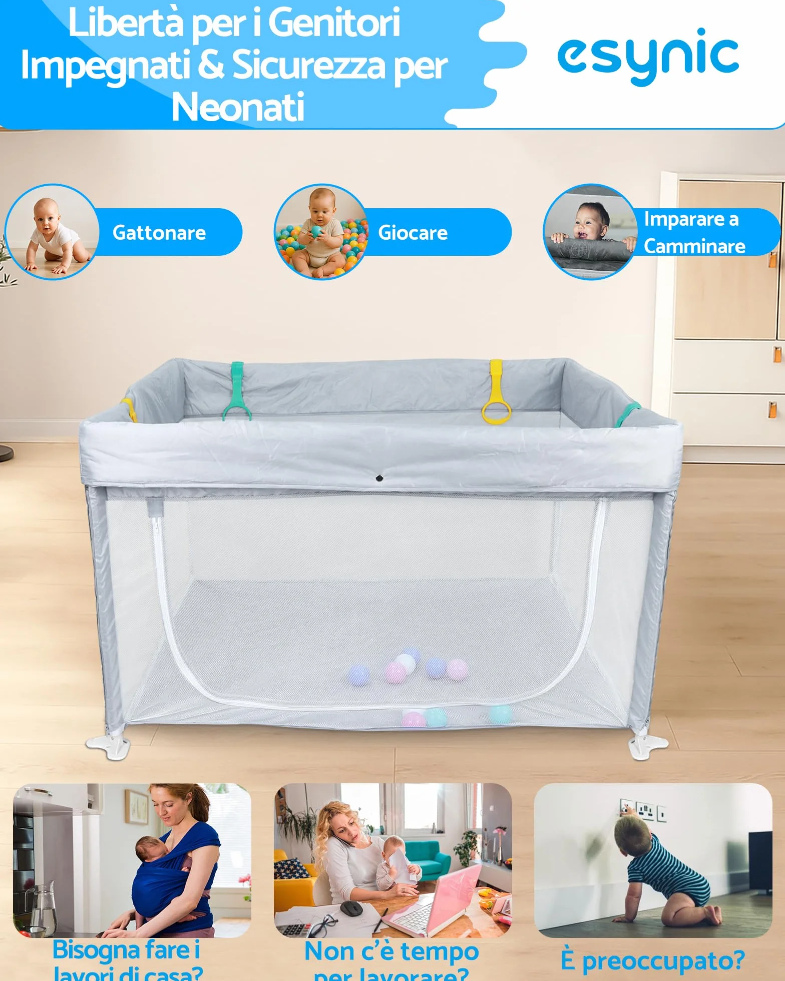 eSynic Playpen Bambini 120x120 cm Pieghevole con Pallini e Maniglie, Recinto Neonati Modulare, Porta Zip, Borsa Viaggio - Grigio