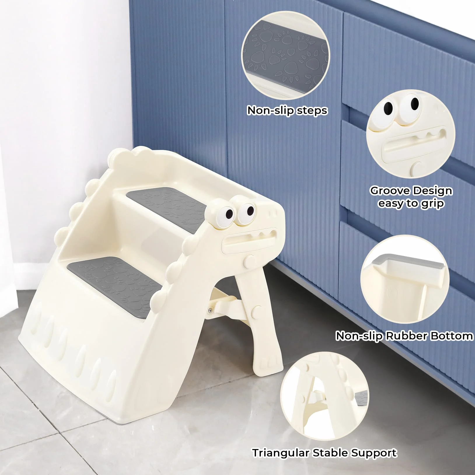 Onasti Sgabello pieghevole per bambini antiscivolo 2 gradini bagno cucina design dinosauro bianco