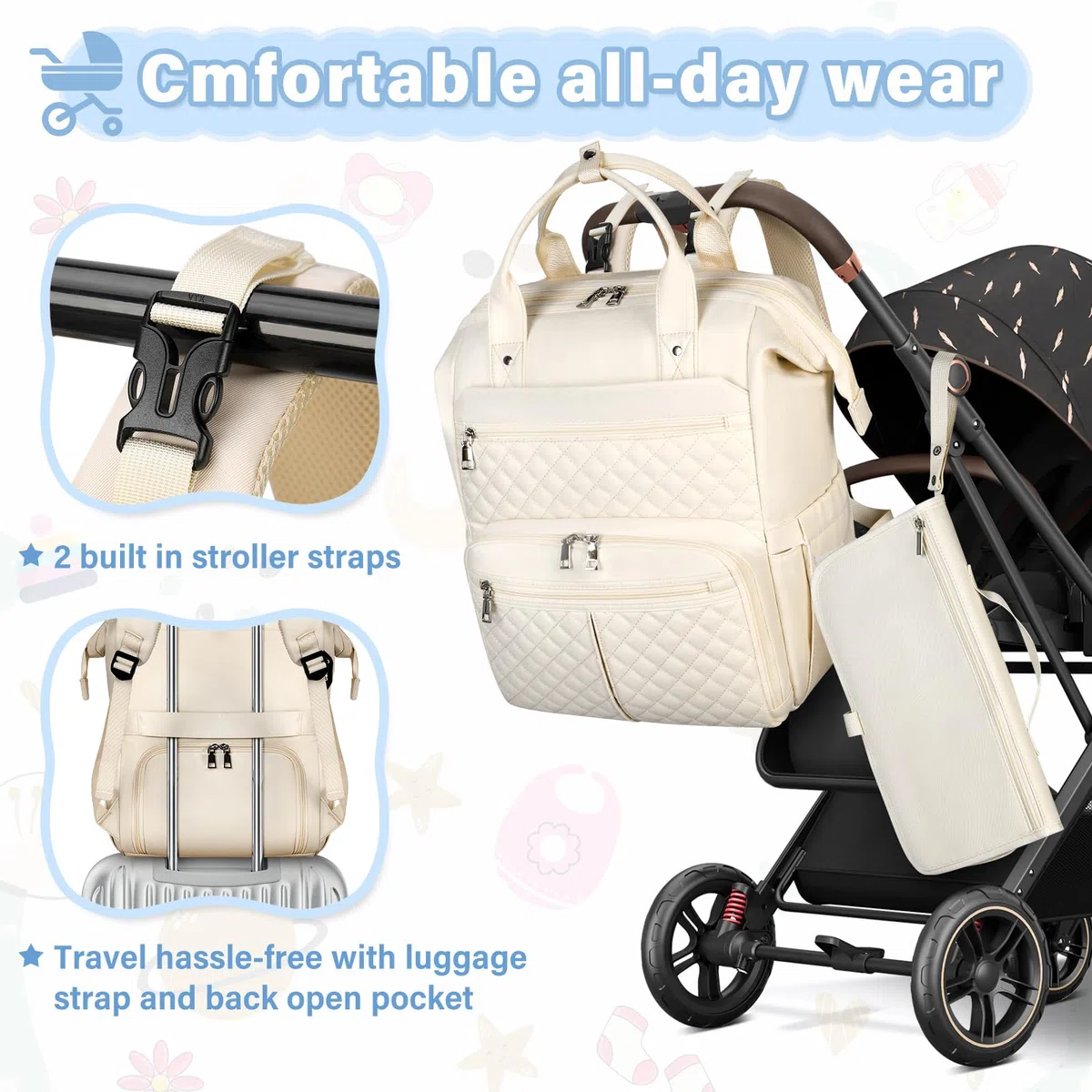 RAINSMORE Zaino Mamma Multifunzione con Fasciatoio Portatile e Grande Borsa Neonato Ganci per Passeggino per Mamma e Papà Bianco