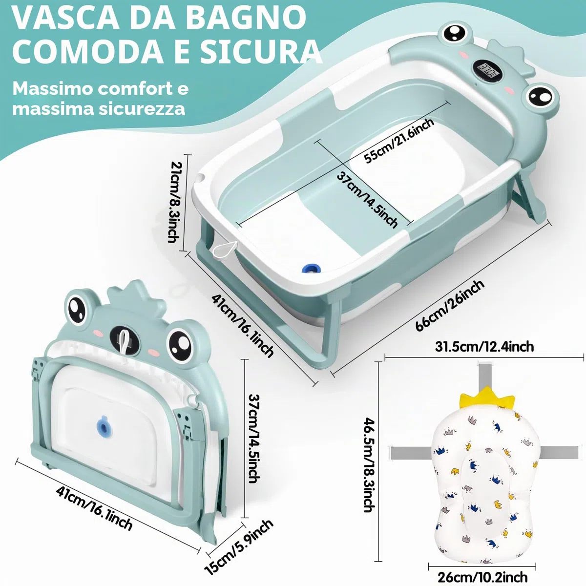 Vaschetta Bagnetto Neonato Pieghevole, Vasca Neonato Bagnetto con Termometro E Cuscino Staccabile, Bagnetto Neonato per Portatile, Vasca da Bagno per Neonato A Bambino 0-36 Mesi (Verde)