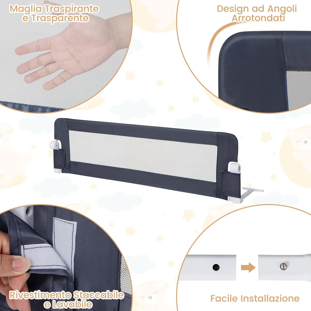 COSTWAY Sponda Letto per Bambini 105/120/150 cm, Barriera di Sicurezza per Neonati, Barriera Letto Pieghevole e Portatile, con Cinghia di Sicurezza (Grigio, 152 x 34 x 42 cm)