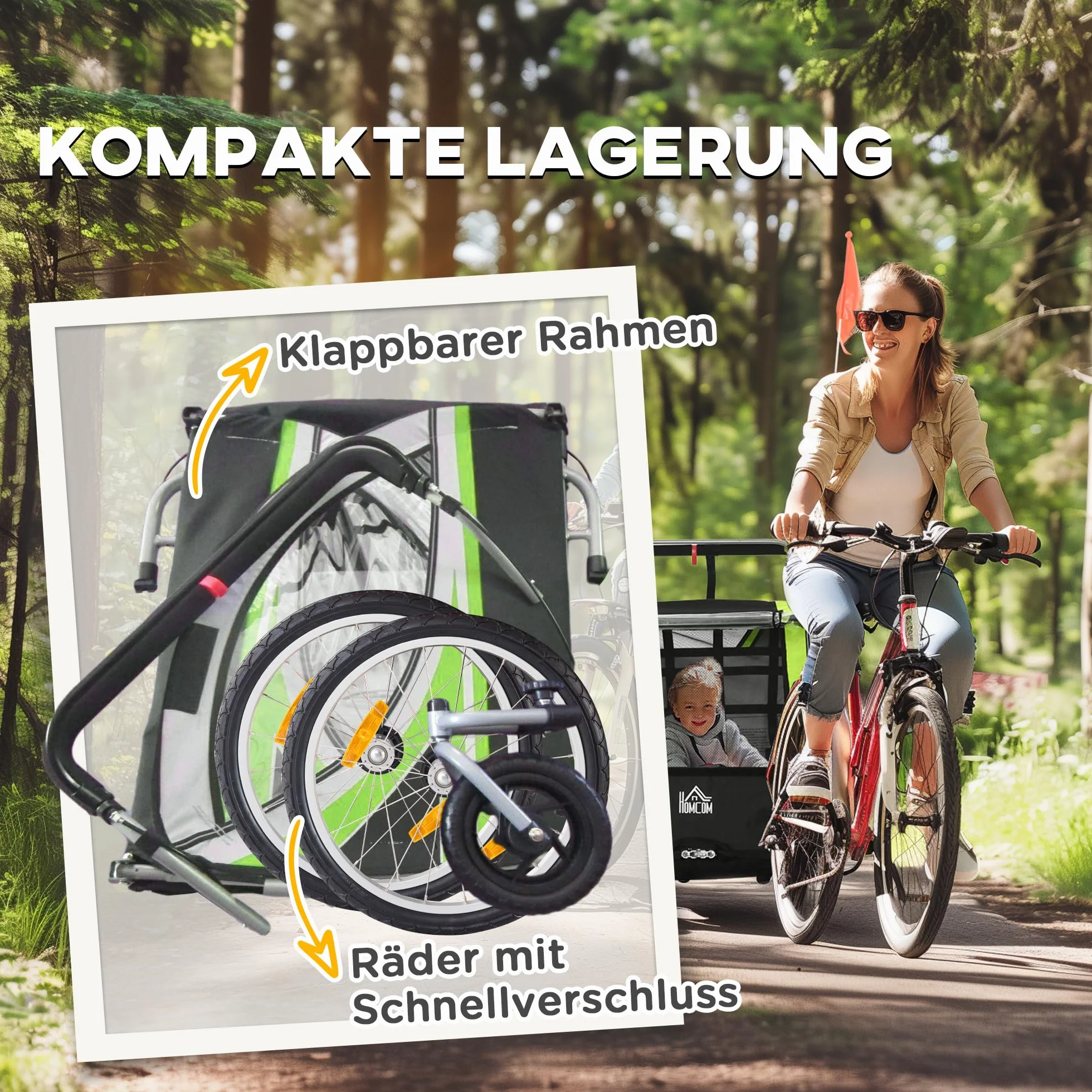HOMCOM 2 w 1 Przyczepa Rowerowa dla Dzieci z Obrotowym Kołem Przednim 360° i Hamulcem, 142 x 75 x 101 cm
