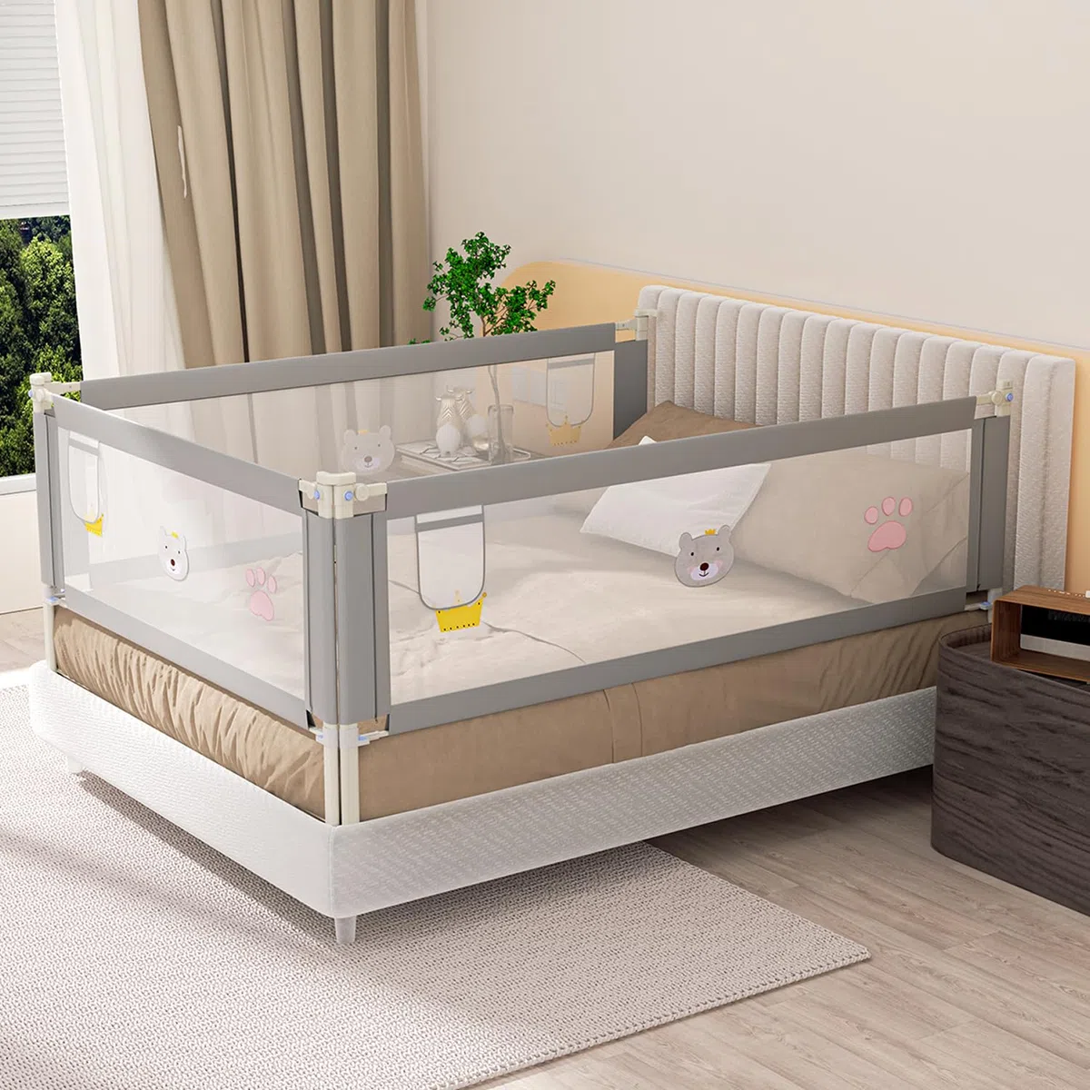 Ikodm - Griglia di protezione per letto 2X 200 cm e 1X 180 cm, griglia di protezione per letto con altezza regolabile da 70-98 cm, protezione anticaduta per letto, griglia di protezione per lettino